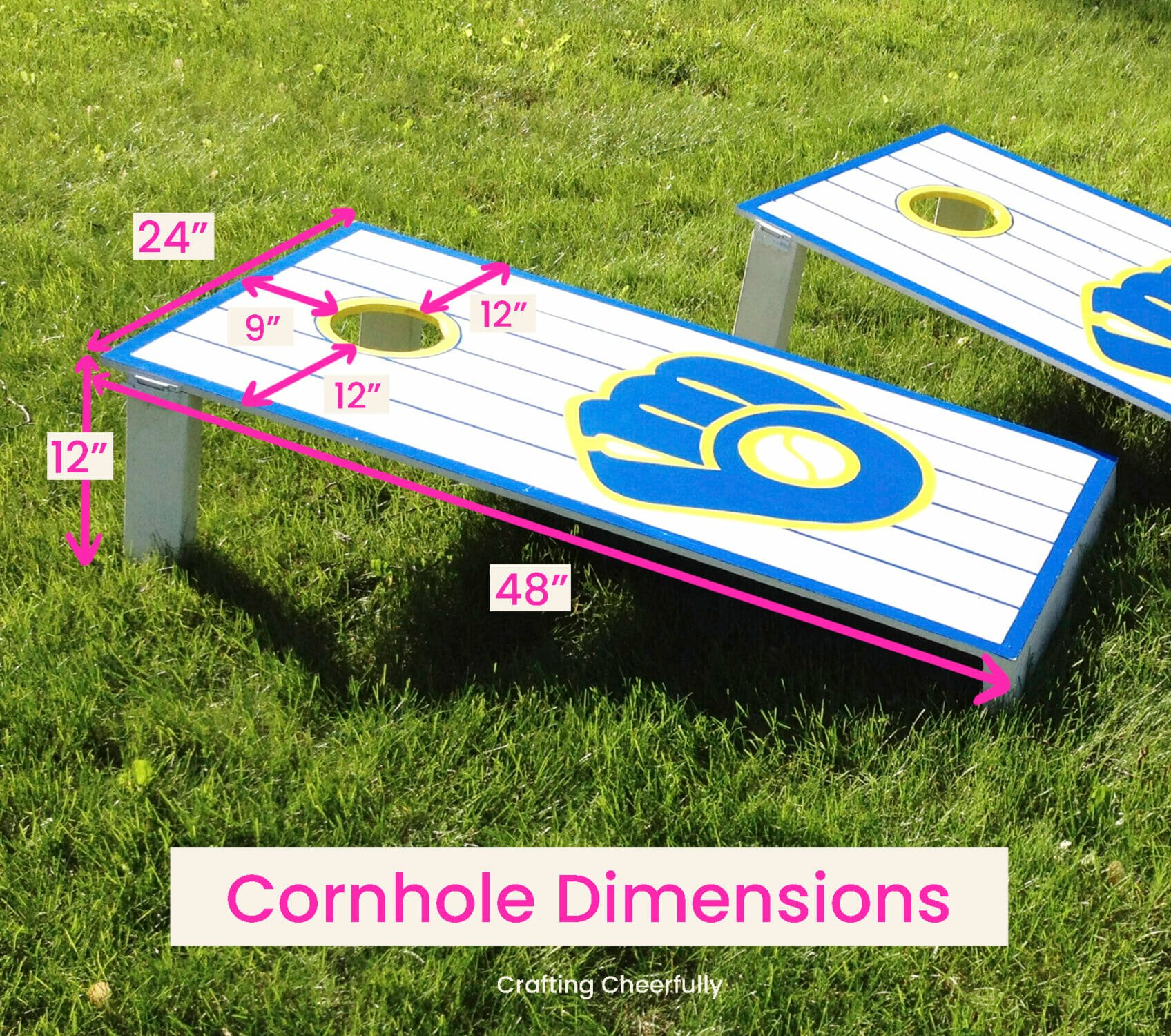 Cornhole board shown with dimensions. 