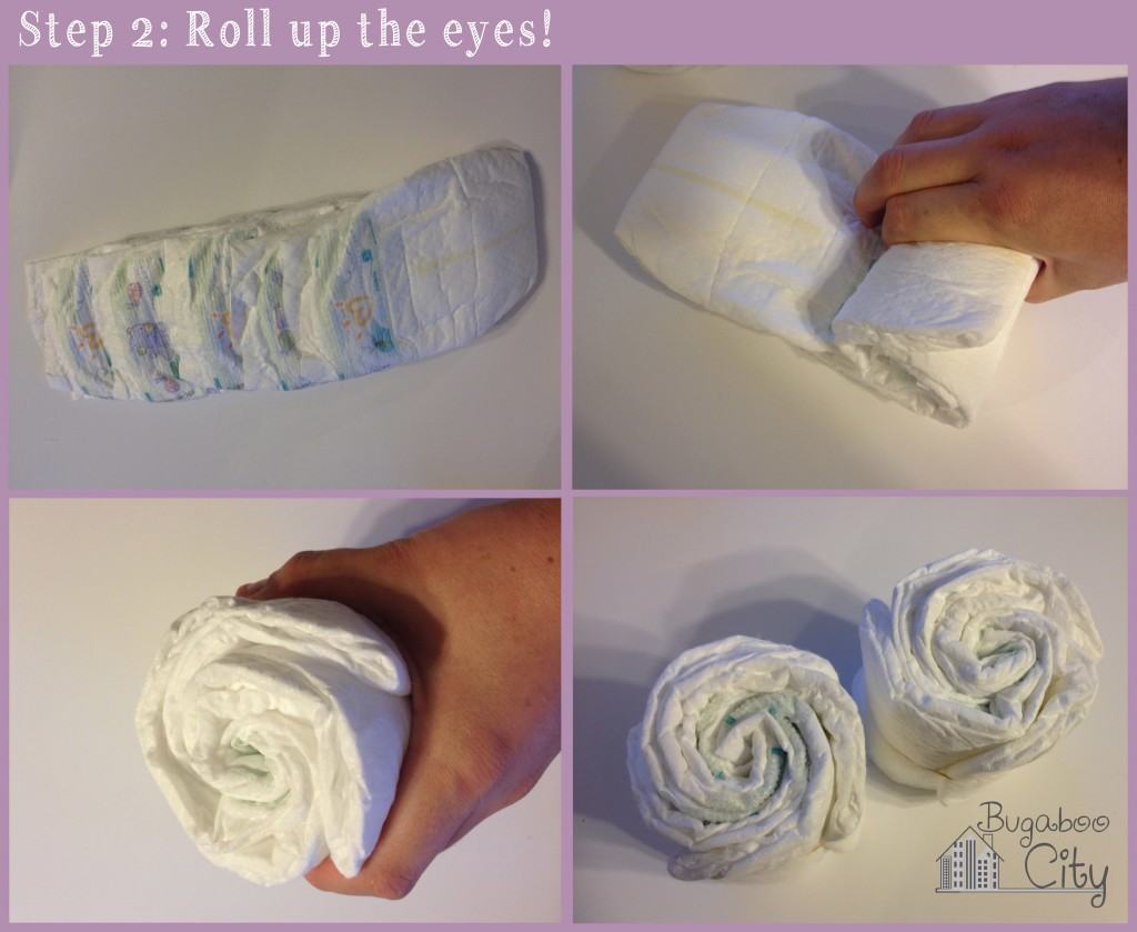 Step 2 Roll the eyes with five diapers and a rubberband.