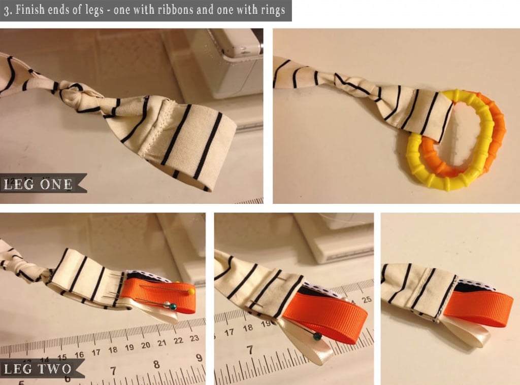 Ribbon loops and plastic rings are added to the ends of the candy corn stuffie's fabric legs.