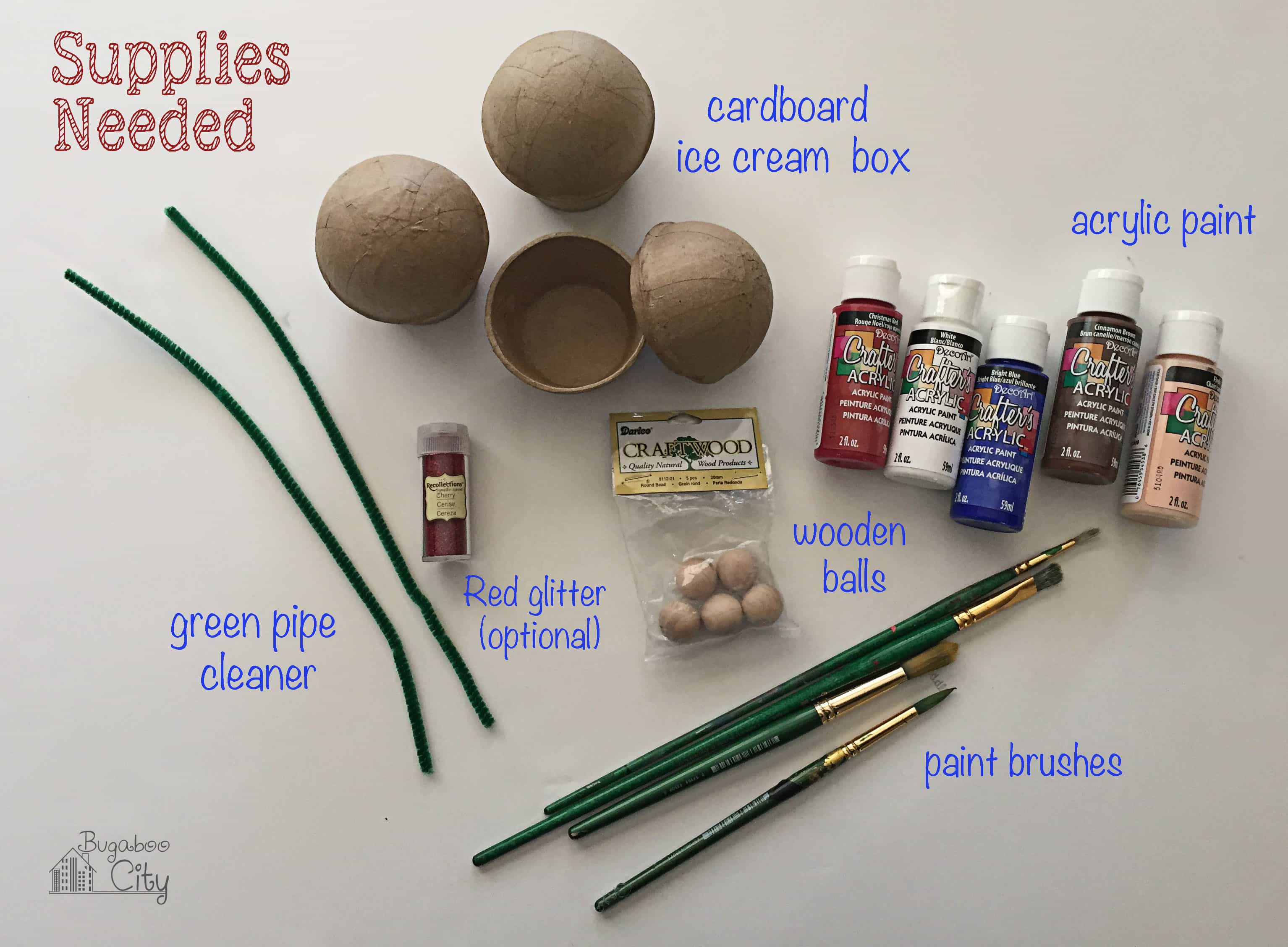 Cardboard boxes, acrylic paint, pipe cleaners, paint brushes.