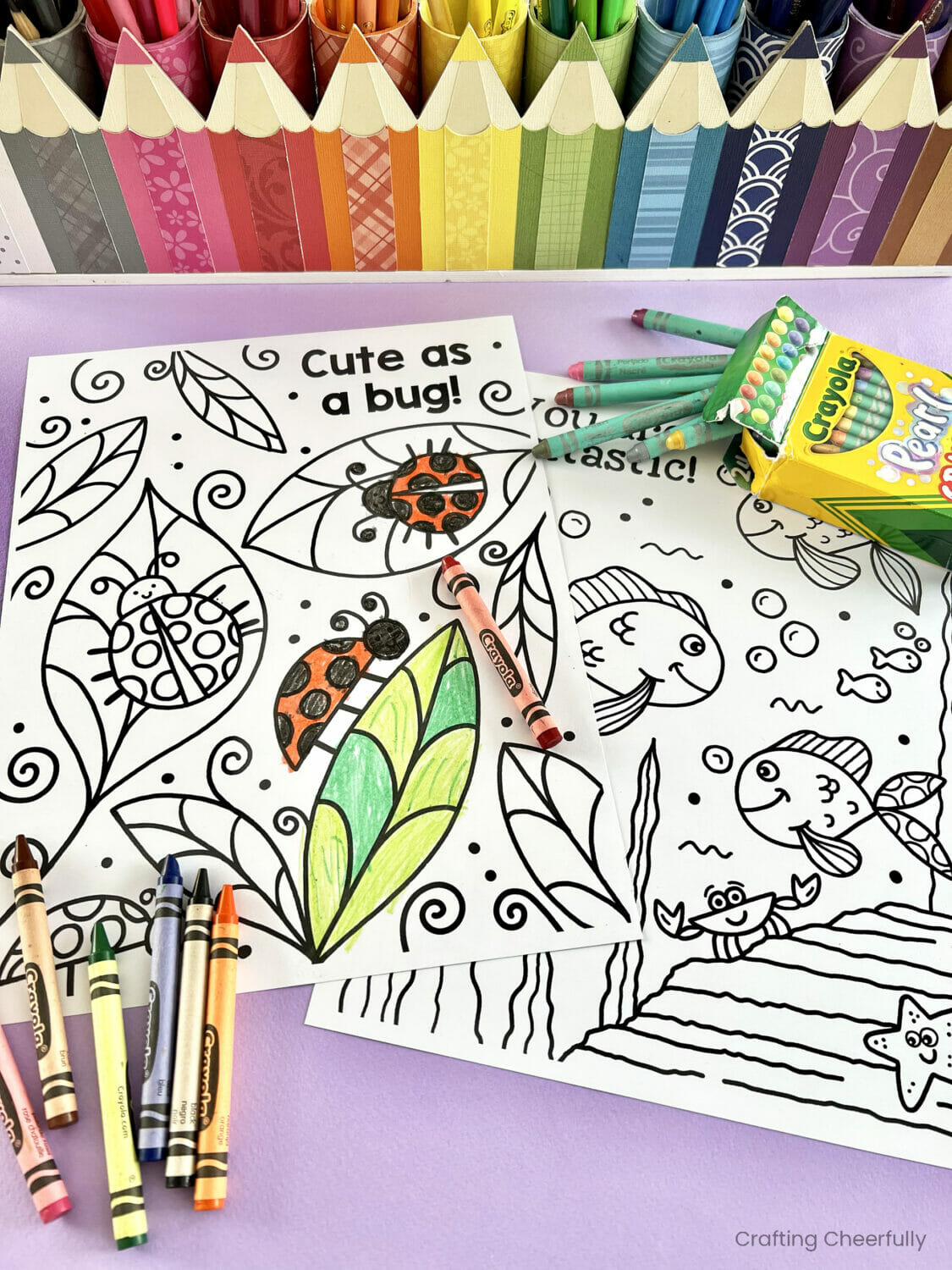 Coloring pages are colored with crayon.