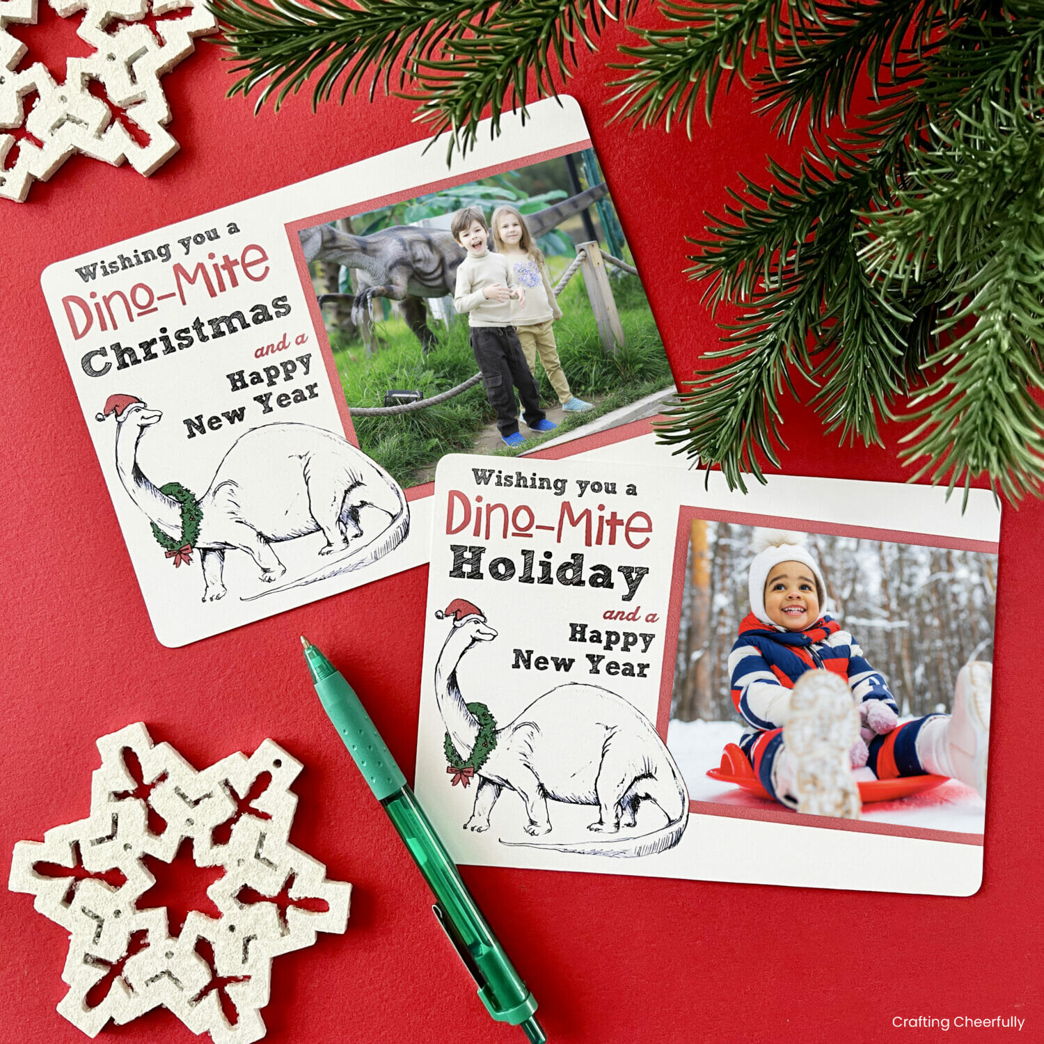Two handmade christmas cards with photos featuring a dinosaur.