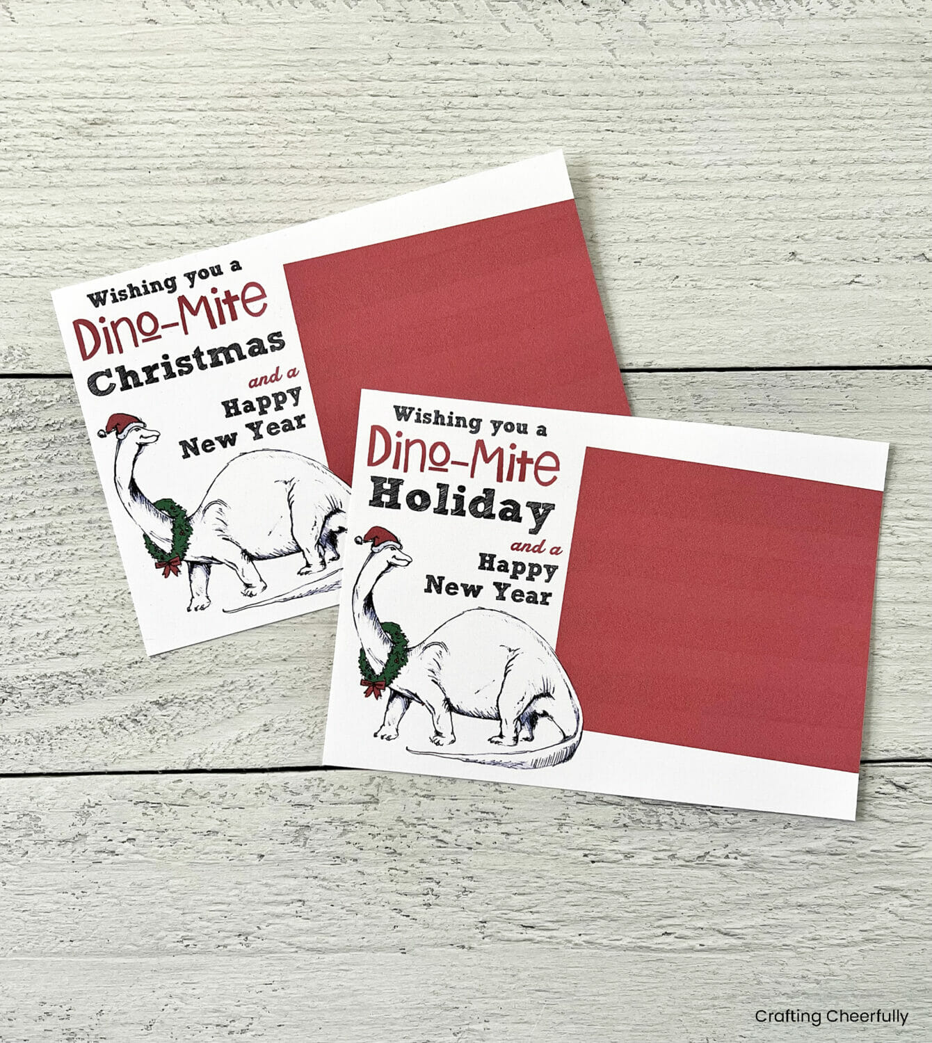 Two dinosaur cards, one reads have a Dino-mite Holiday and the other Have a Dino-mite Christmas.
