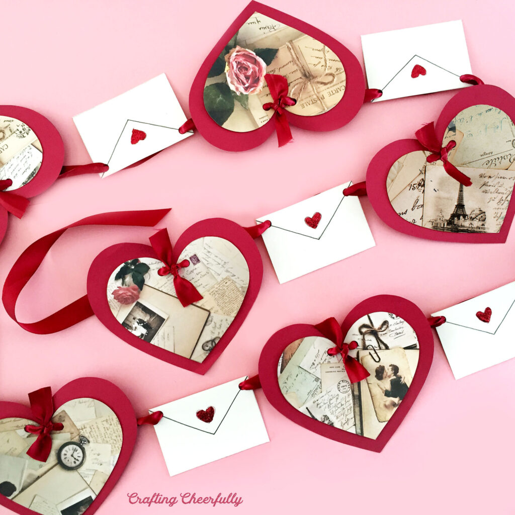 Valentine's Day banner with white envelopes with red heart seals and red paper hearts decorated with vintage love letters.