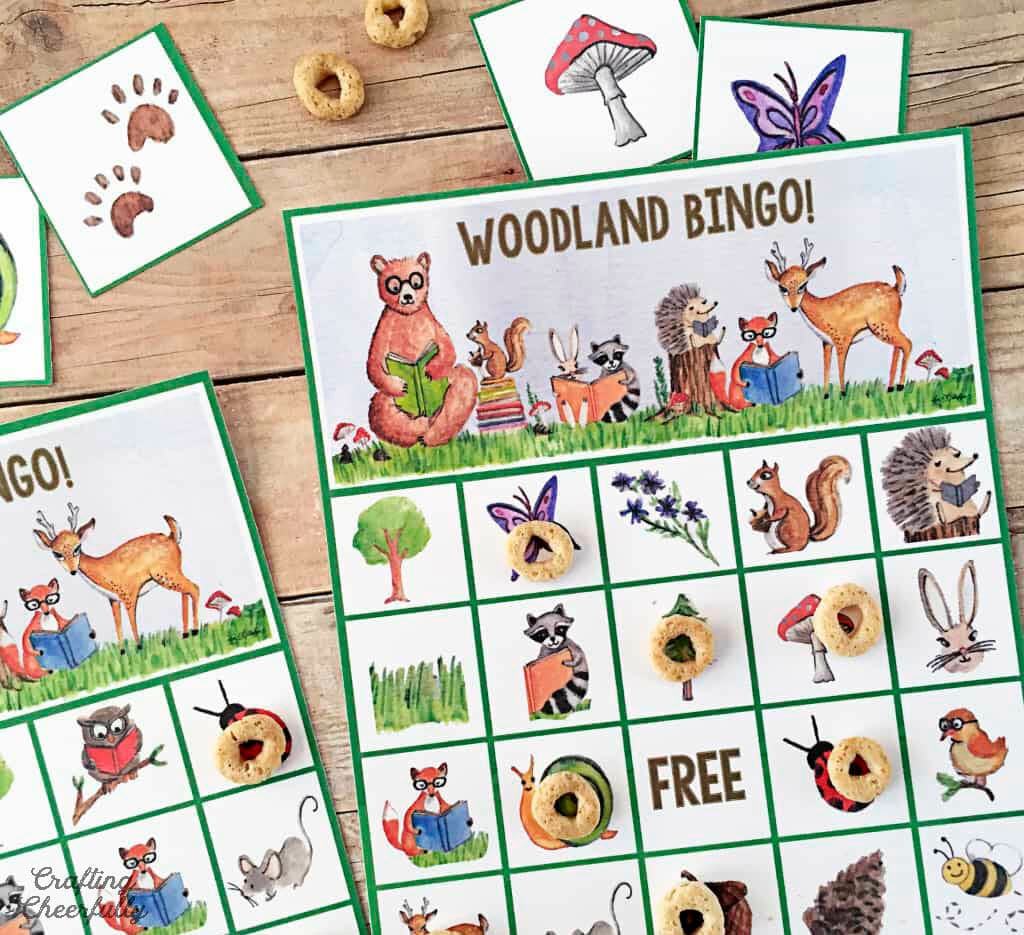 Woodland BINGO printable game with cereal markers.