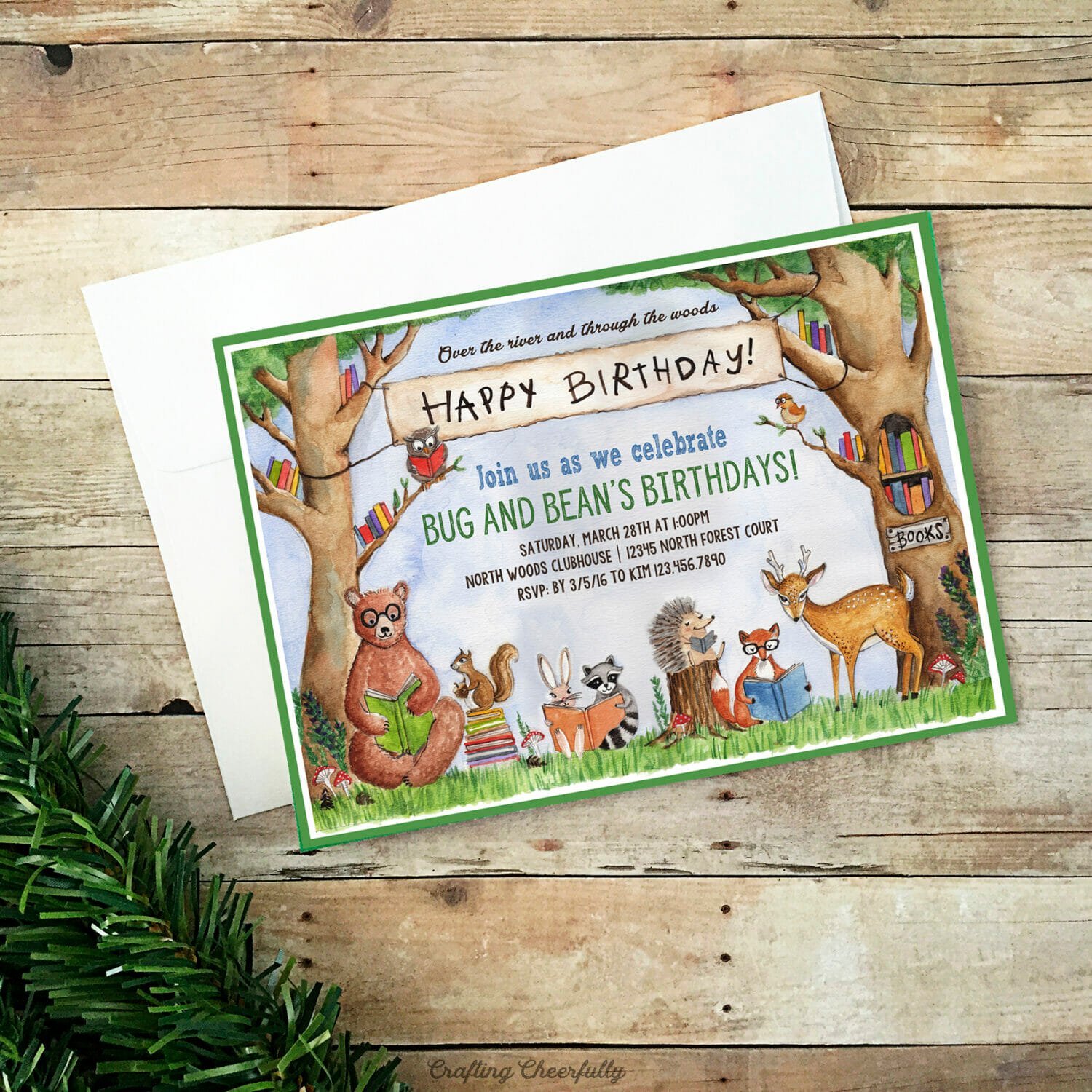 Woodland animal book party invitation.