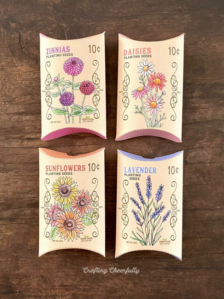Four small flower seed treat boxes sit next to each other on a wood background.