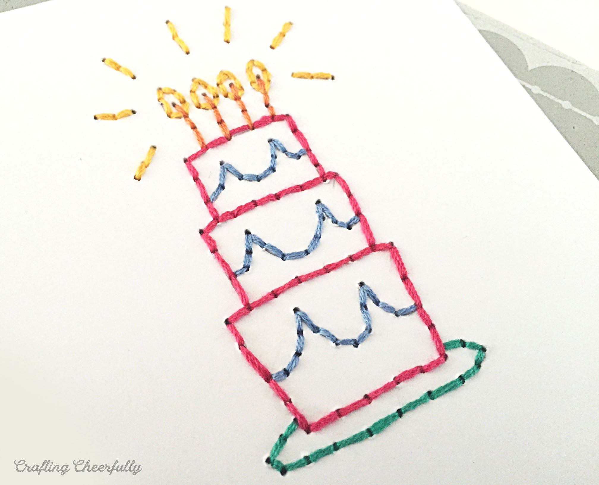 A birthday cake is stitched to the front of a white paper card.