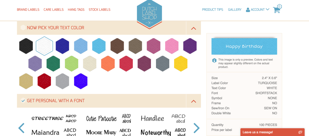 A screen shot of The Dutch Label Shop website wear you can choose your color and font for the labels.