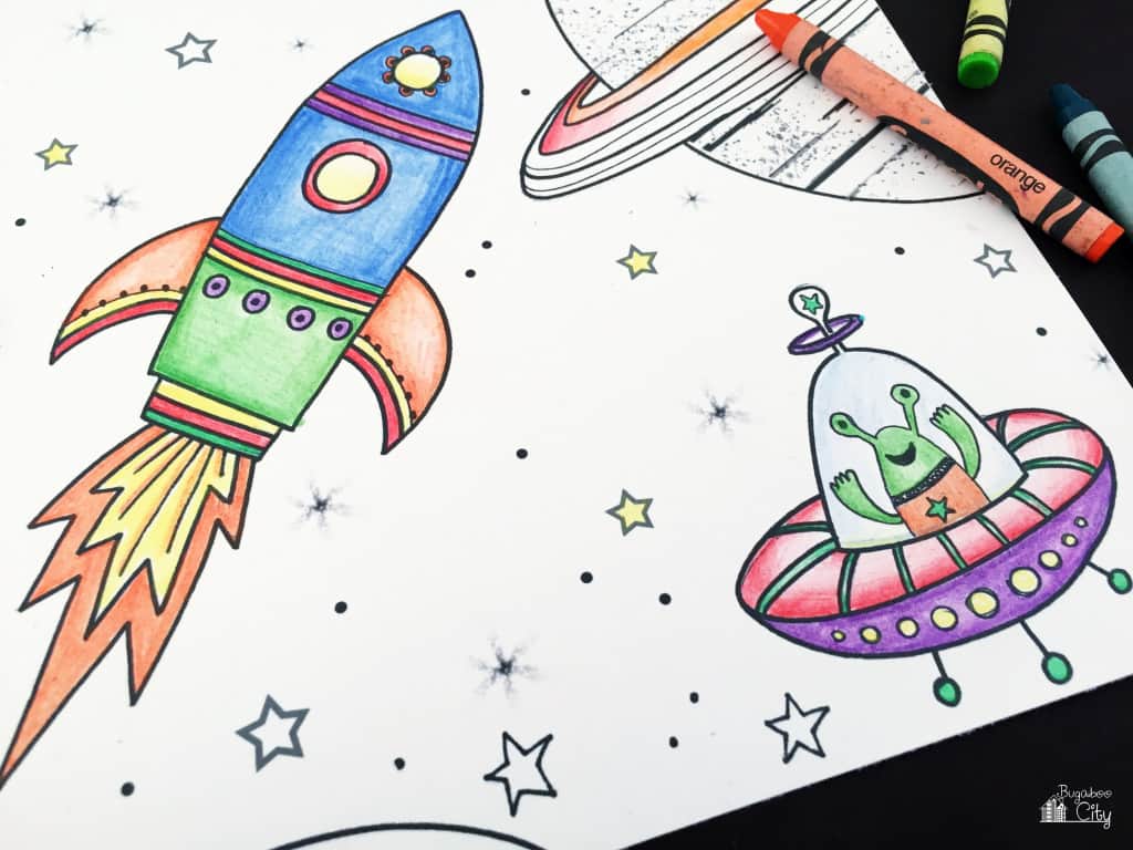 Outer space coloring page with a rocket blasting through outer space past a cute alien.