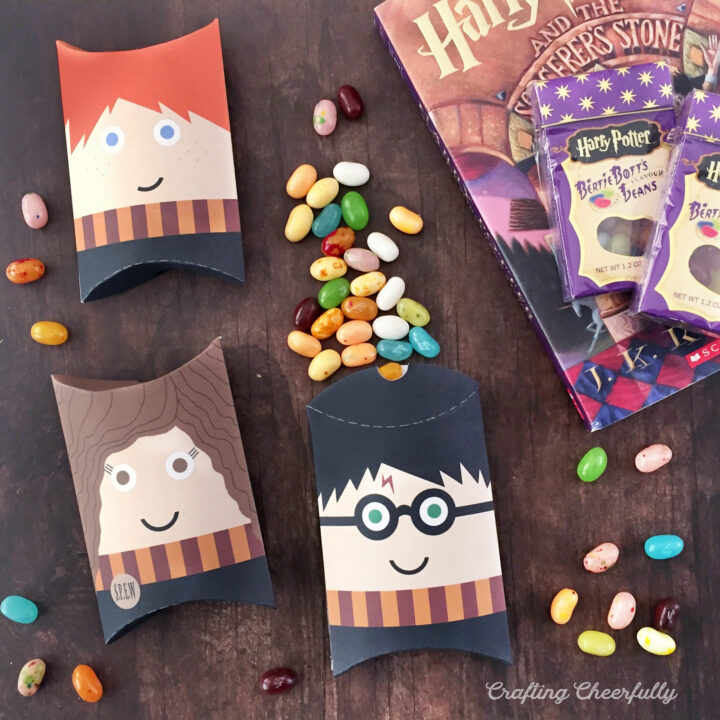 Harry Potter pillow boxes lay on a wooden table next to a book and jellybeans.