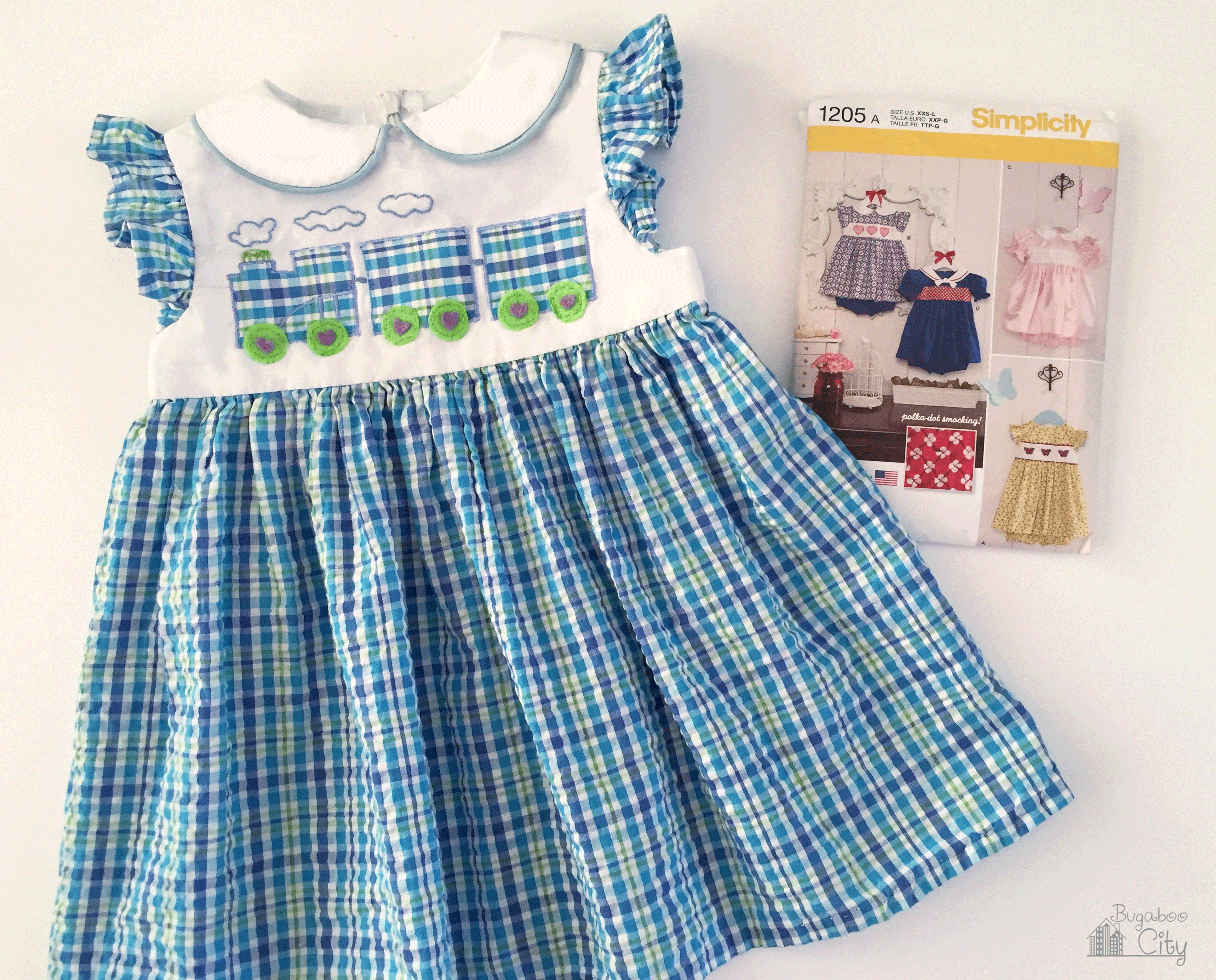 Choo Choo Train Dress in blue and green made from Simplicity Pattern 1205