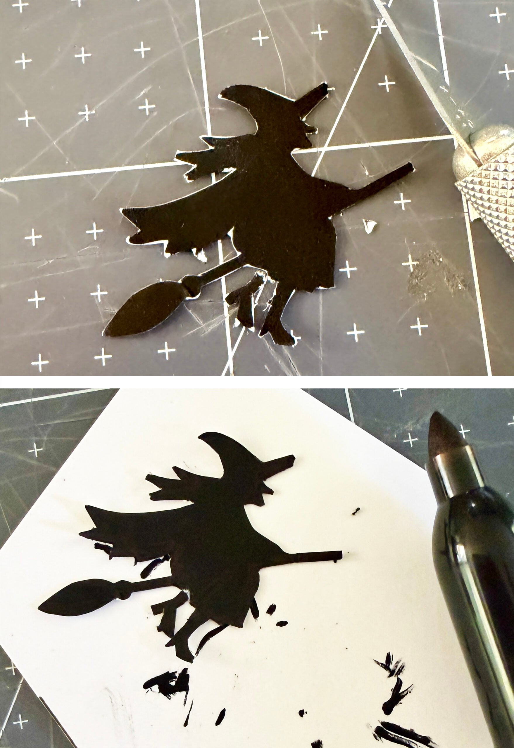The small witch is cut out with an X-acto knife and then the edges are colored in with Sharpie.