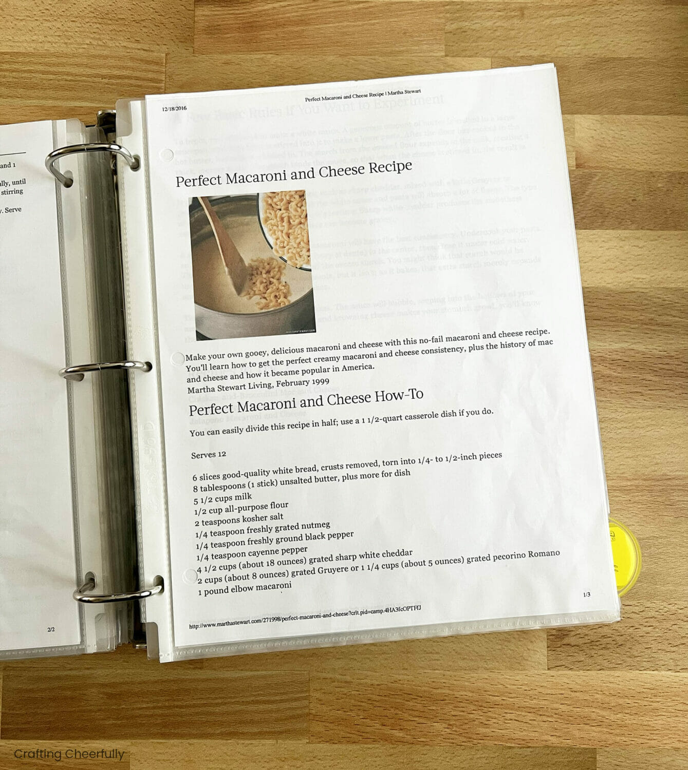 Recipe binder is open to a printed recipe in a page protector.