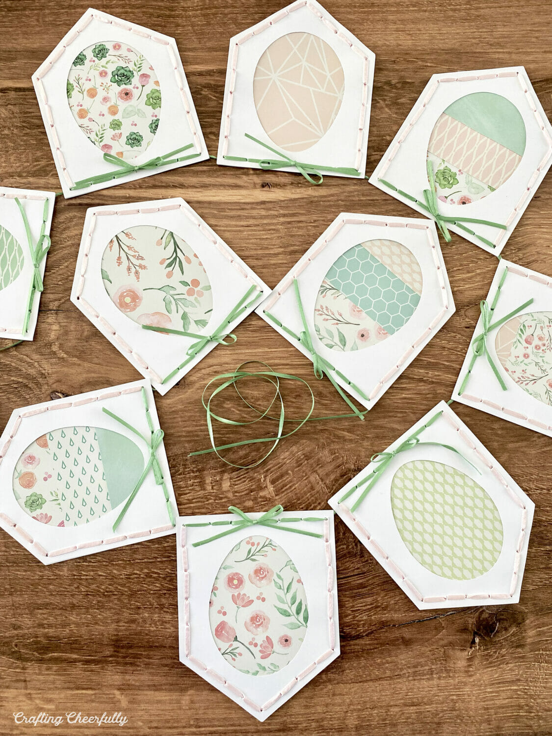 Easter banner made with white pennants with patterned Easter eggs on each.