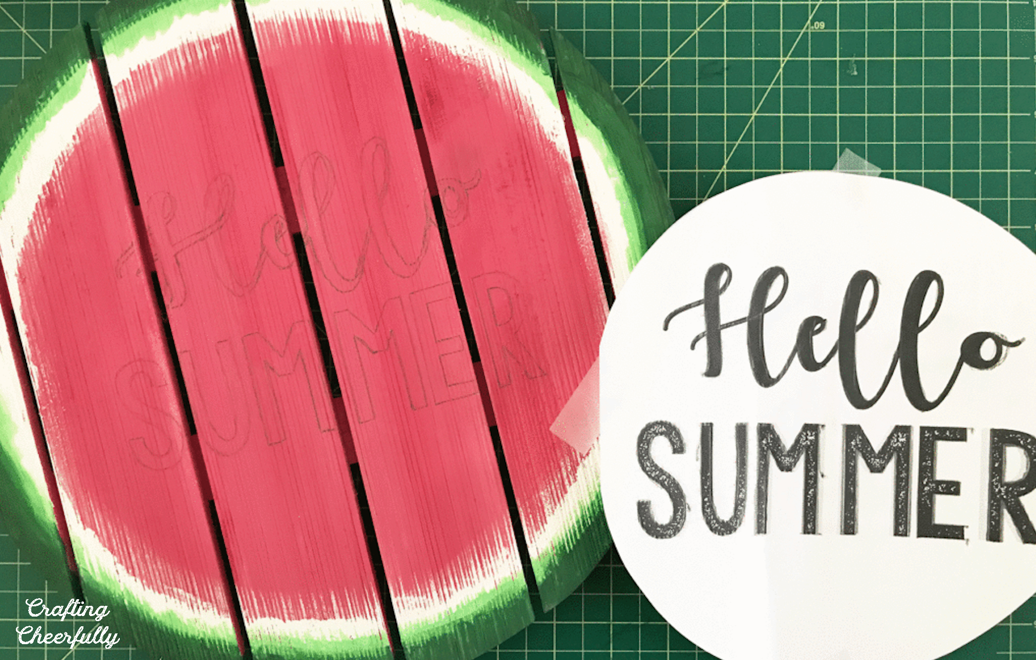 Faint outlines of the words hello summer appear on the watermelon sign.