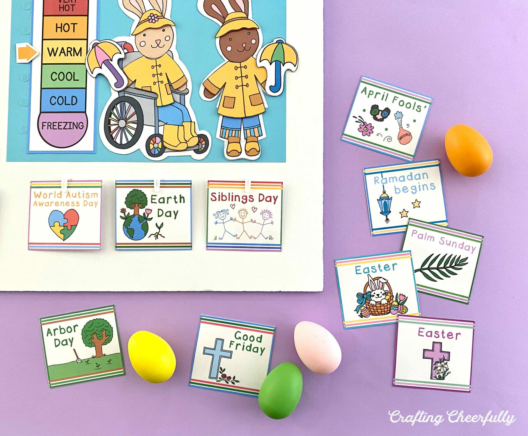 Morning board calendar for April with holiday cards and easter eggs on a purple background.