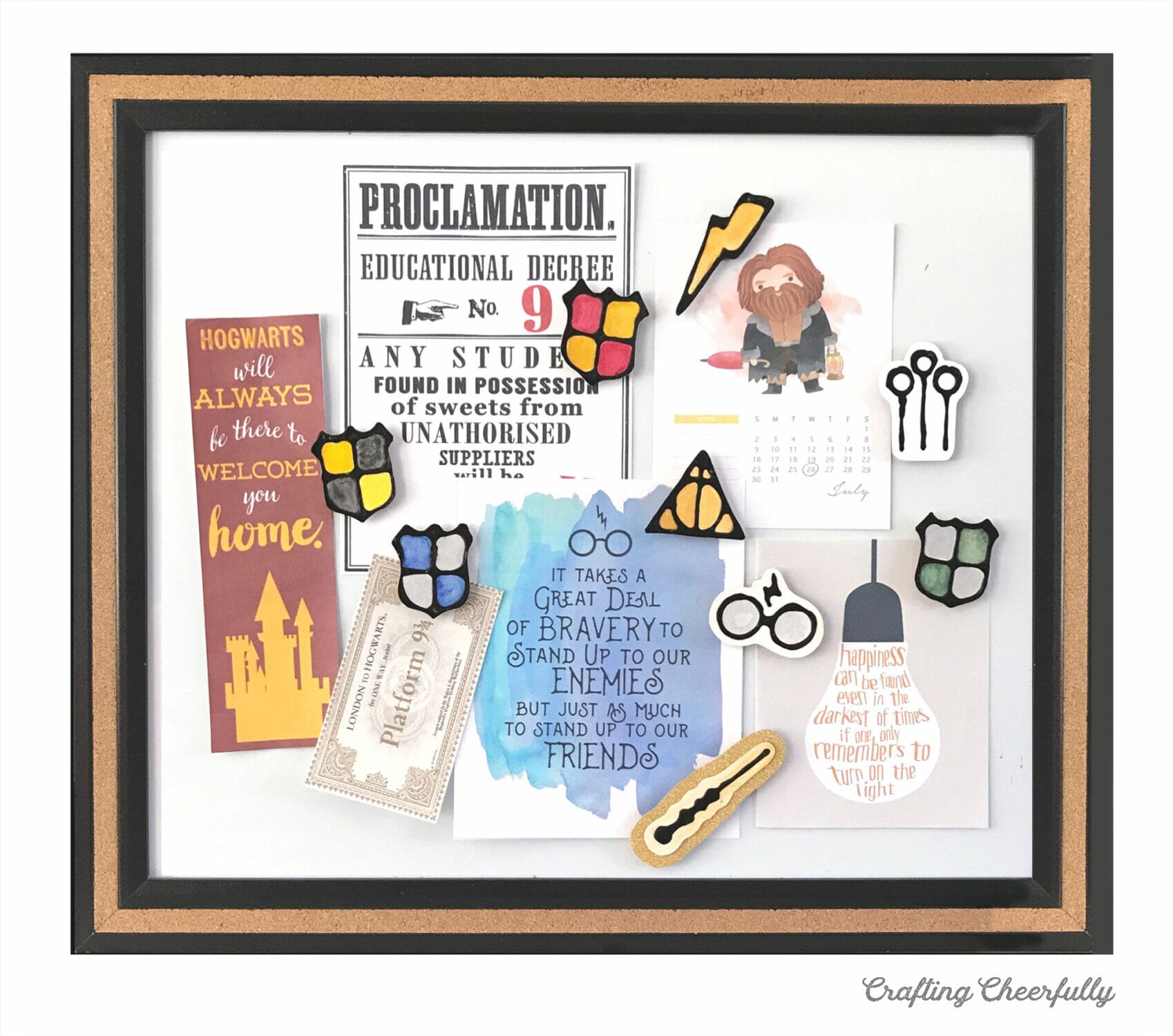 Dry erase board covered in Harry Potter printable artwork.
