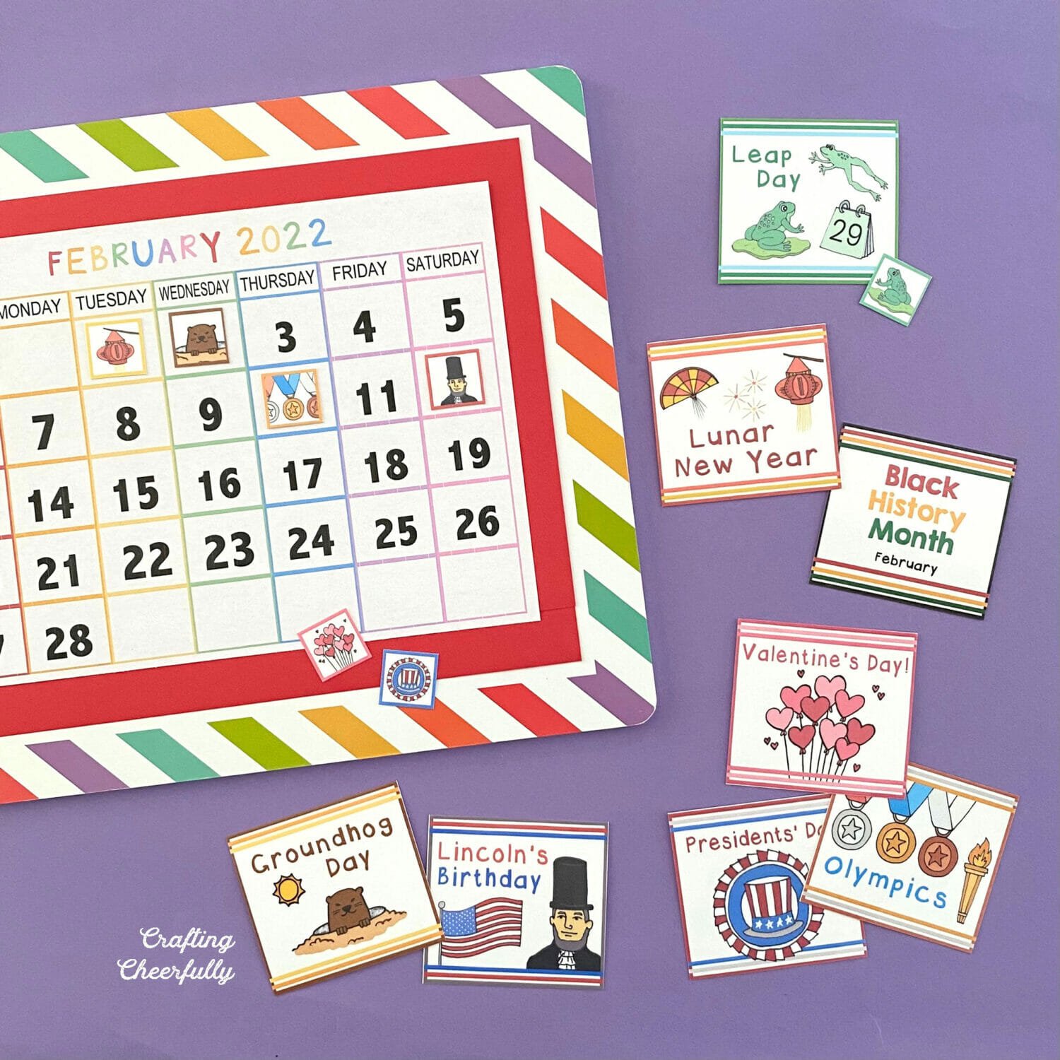 Holiday cards for February on a colorful and bright calendar board.