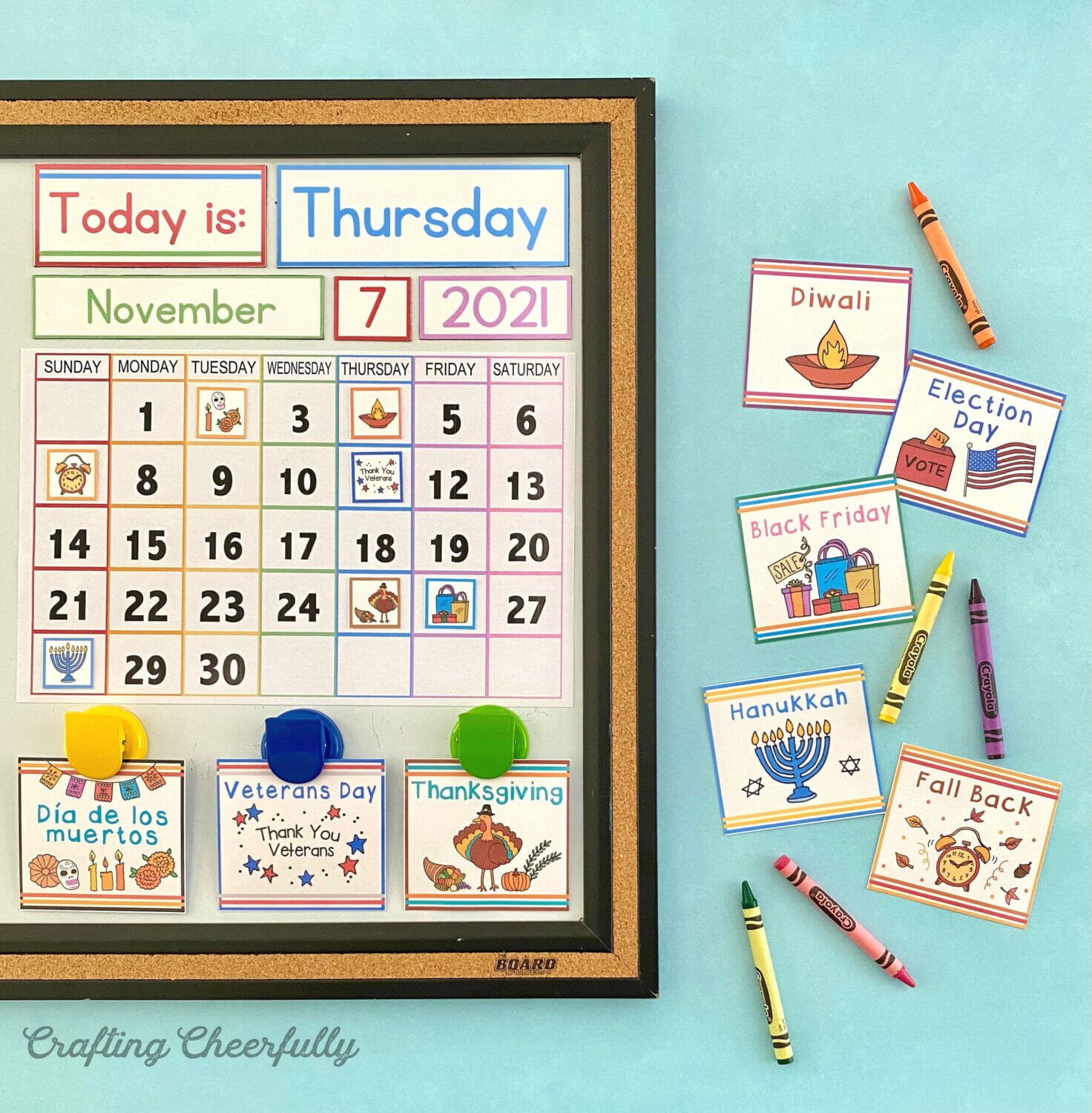 November calendar on a teal background with holiday calendar cards.