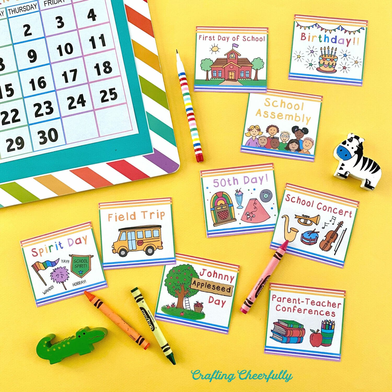 School event calendar cards on a yellow background with a colorful calendar.