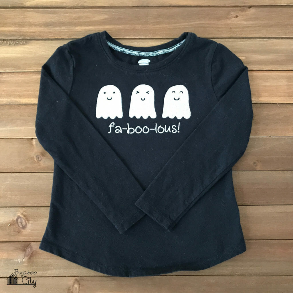 Black long sleeve shirt has three cute ghosts on the front and the word Fa-Boo-Lous!