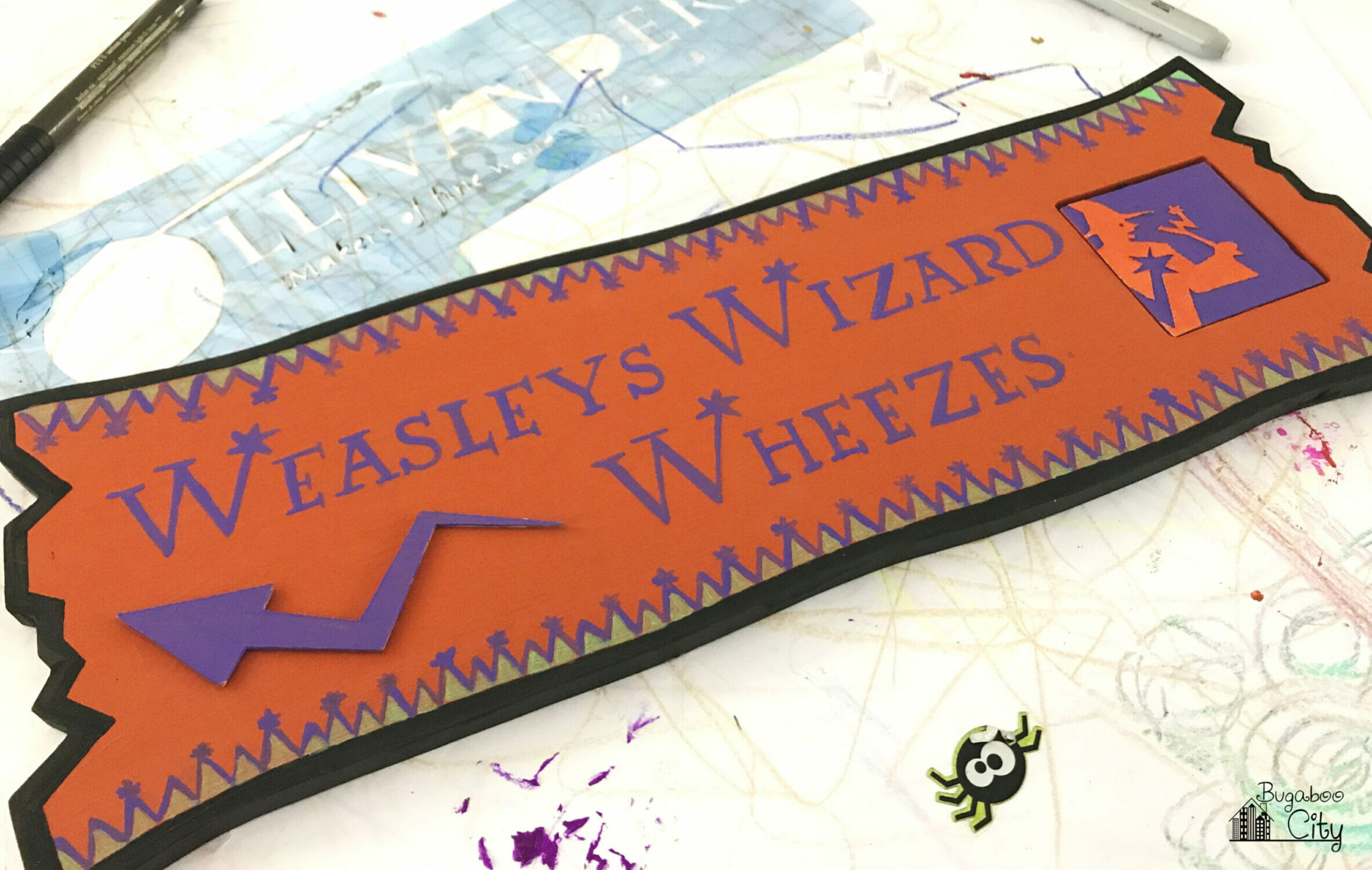Wizards are cut from cardstock and added to the spinning element of the wooden sign.