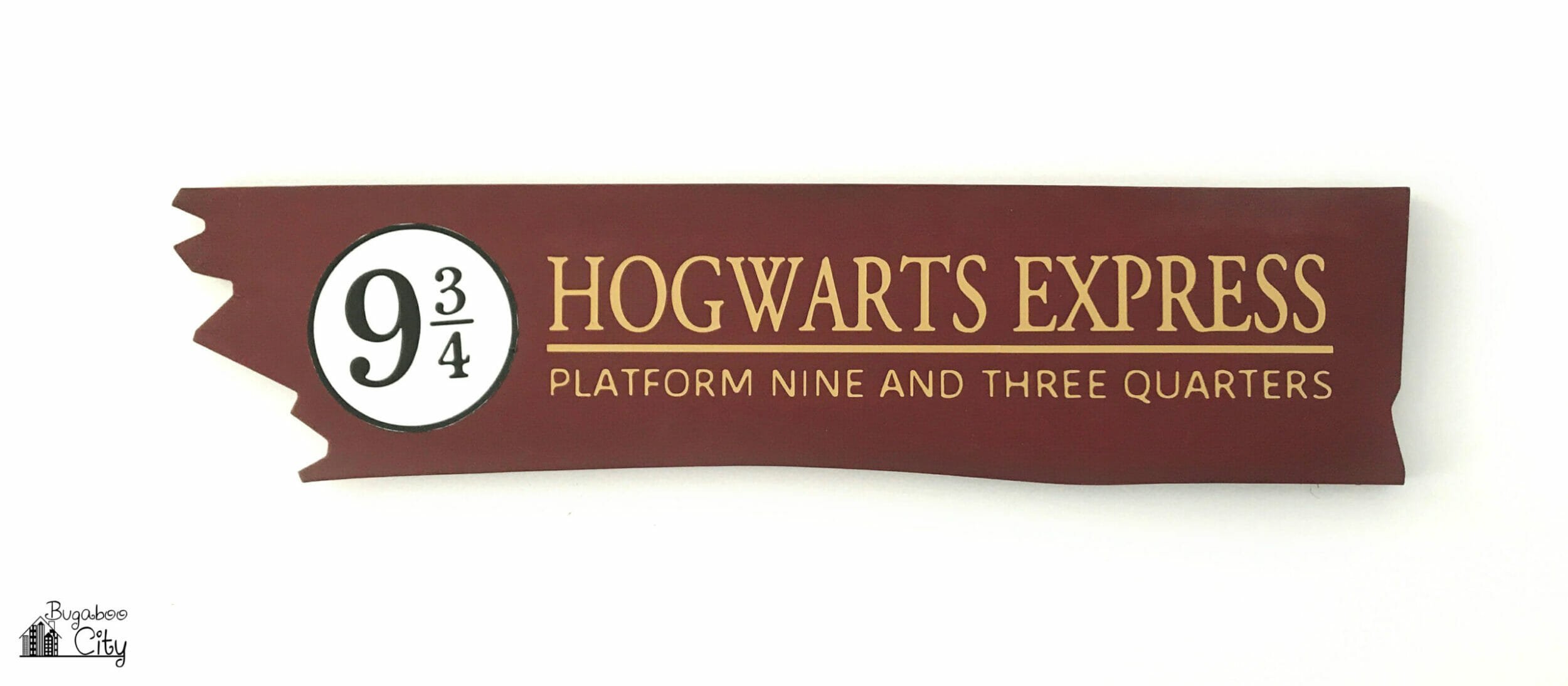 Red wooden sign that reads Hogwarts Express with 9 3/4 on the left side.