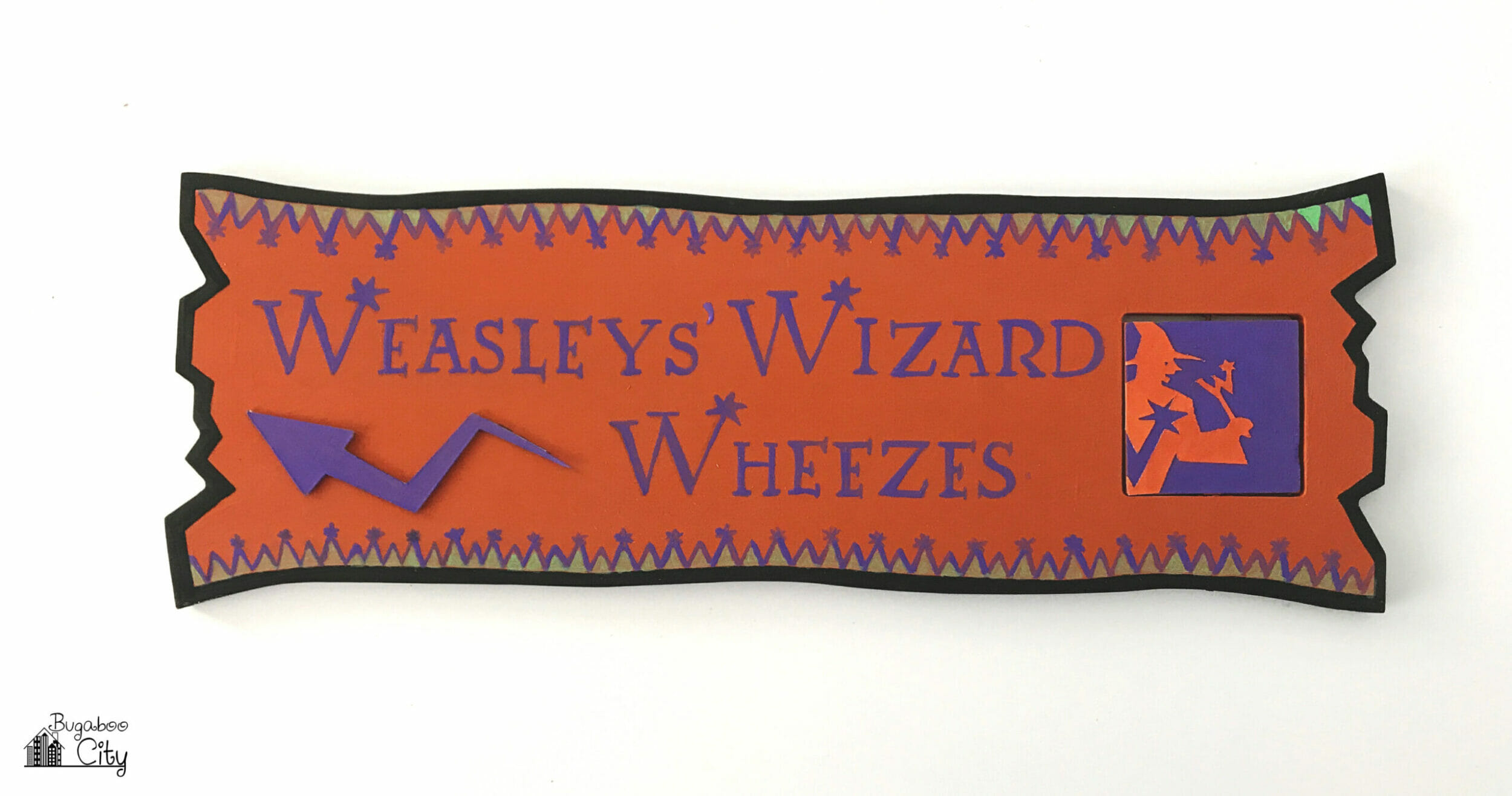 Orange and purple wooden sign reads Weasleys' Wizard Wheezes.