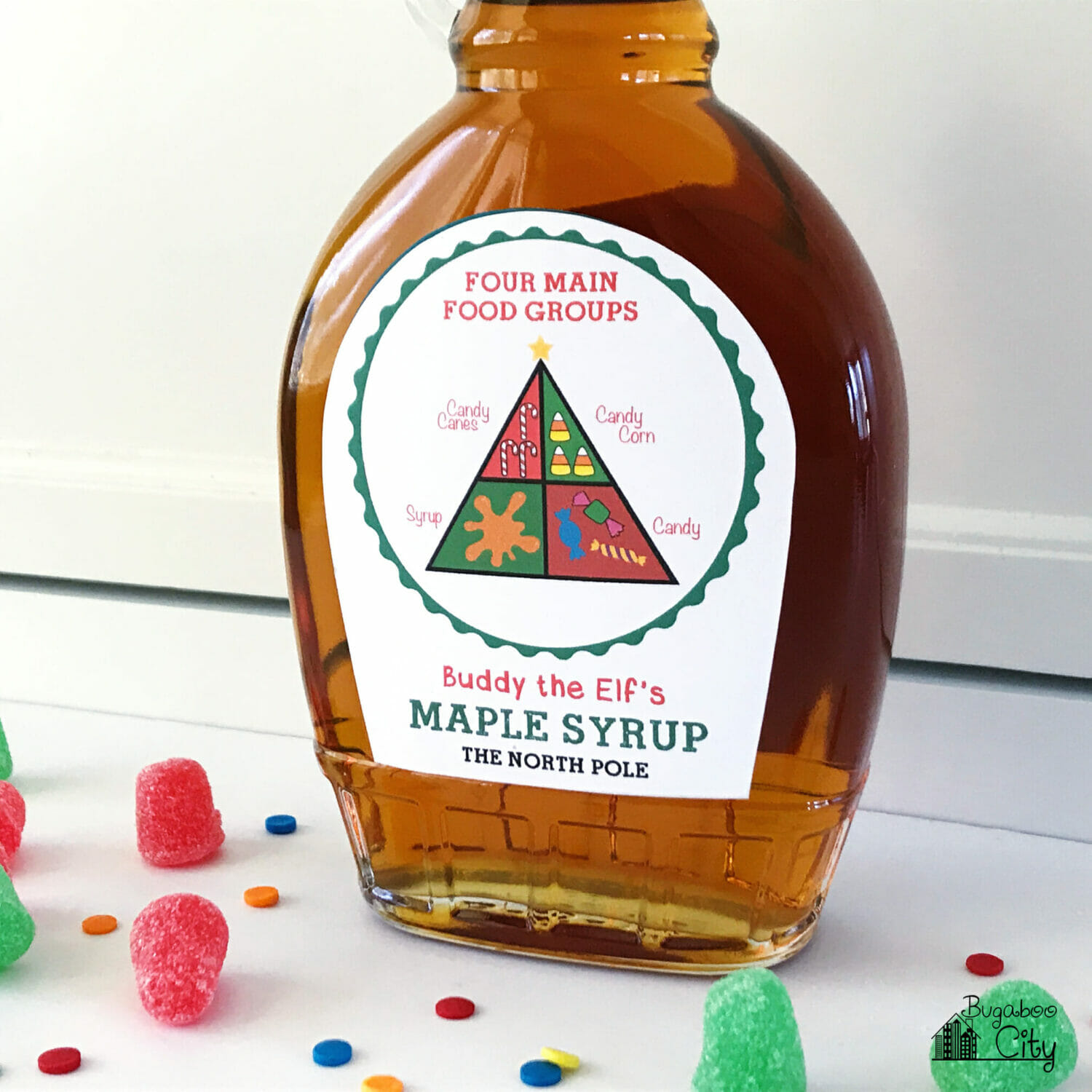 The back of the syrup label showing the Buddy the Elf syrup label.