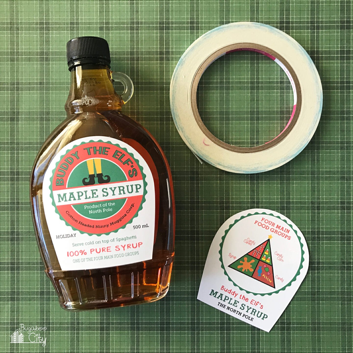 A Buddy the Elf syrup label is attached to the front of the syrup label. 
