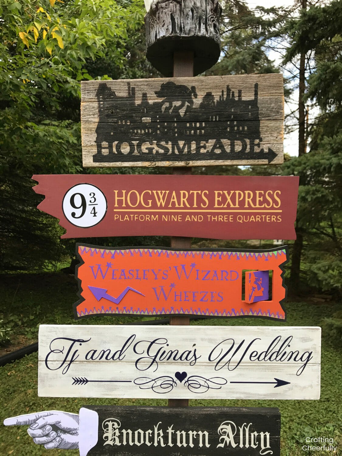 Directional sign with wooden signs for places in the Harry Potter world.