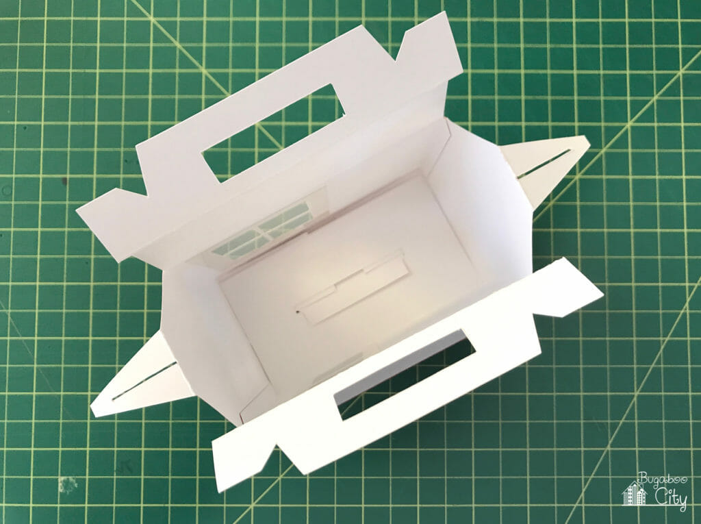An overhead view looking inside the assembled cabin box.