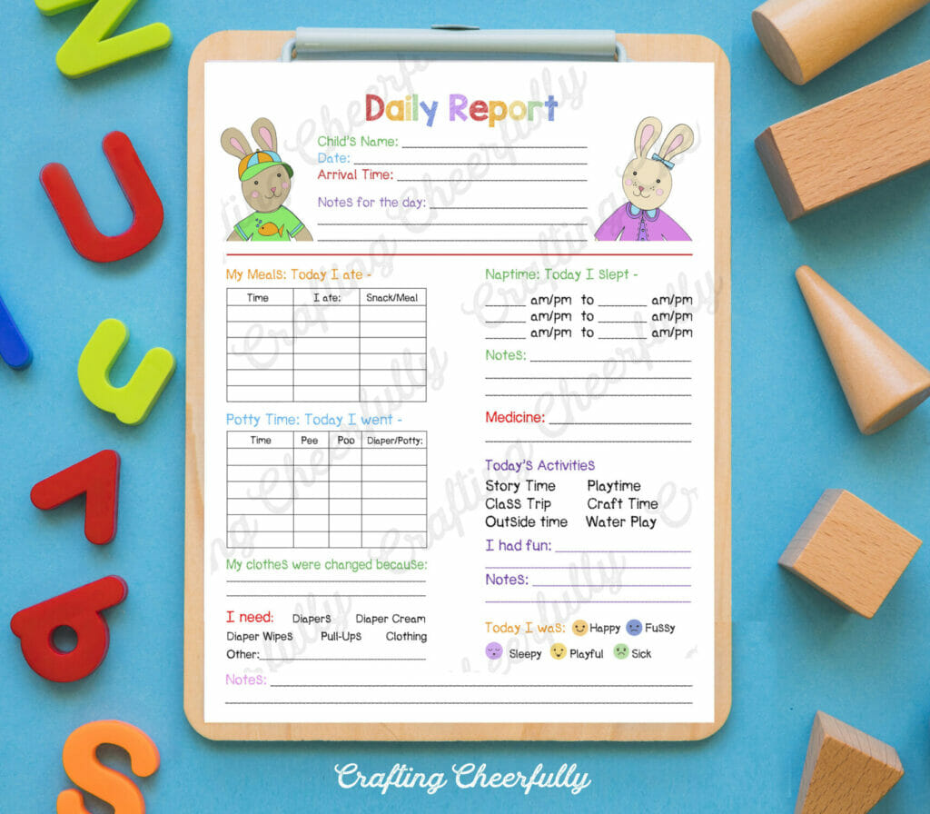 Children's Daily report form on a clipboard surrounded by ABC letters and wooden blocks.