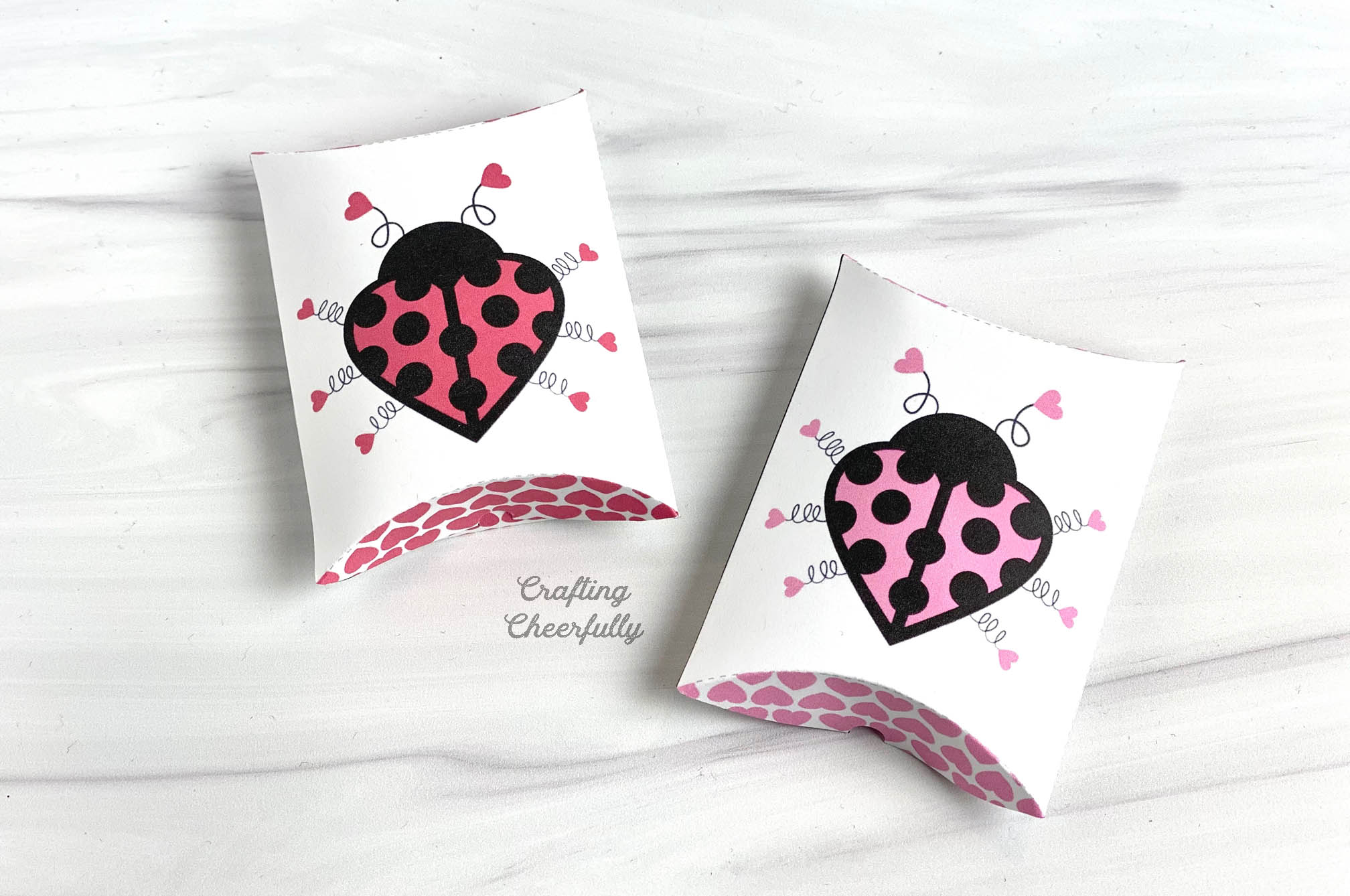 Valentine's Day pillow boxes with cute love bugs on them. Roses and hearts around them.