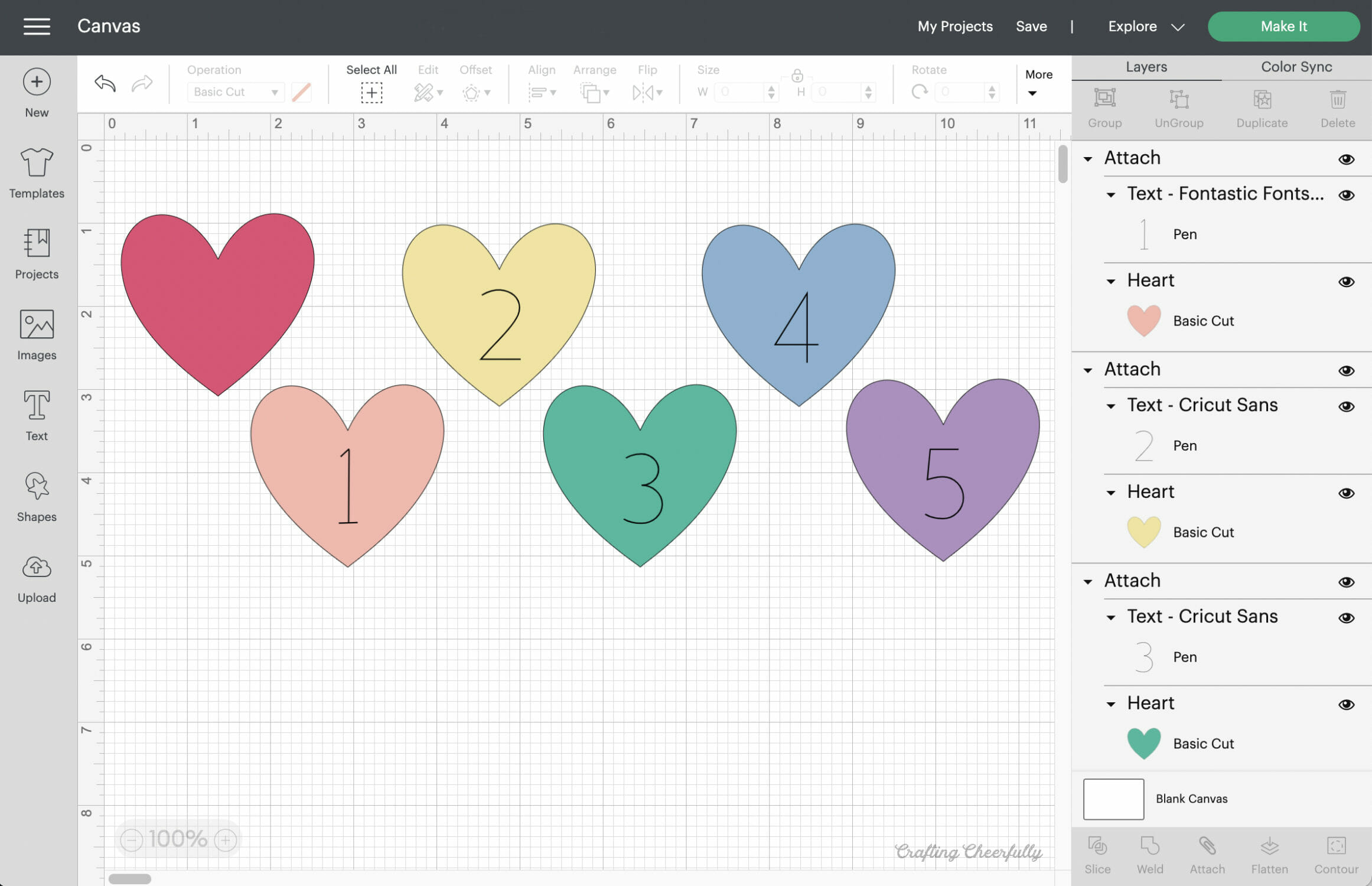 Numbered heart shapes in Cricut Design Space
