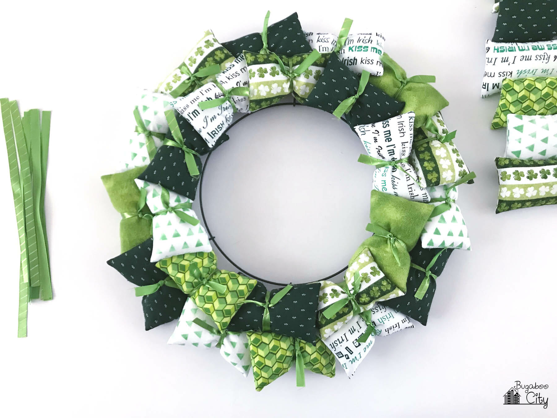 St. Patrick's Day pillow wreath partially assembled.