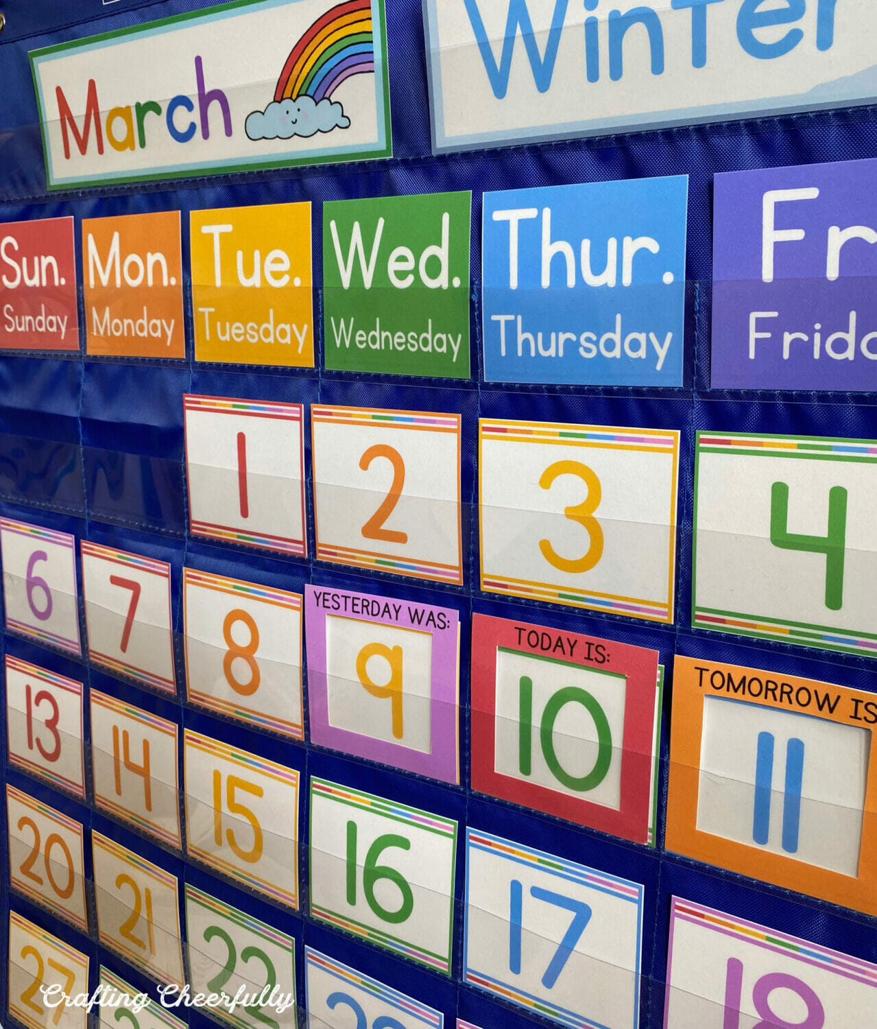 Close up picture of the pocket chart calendar.