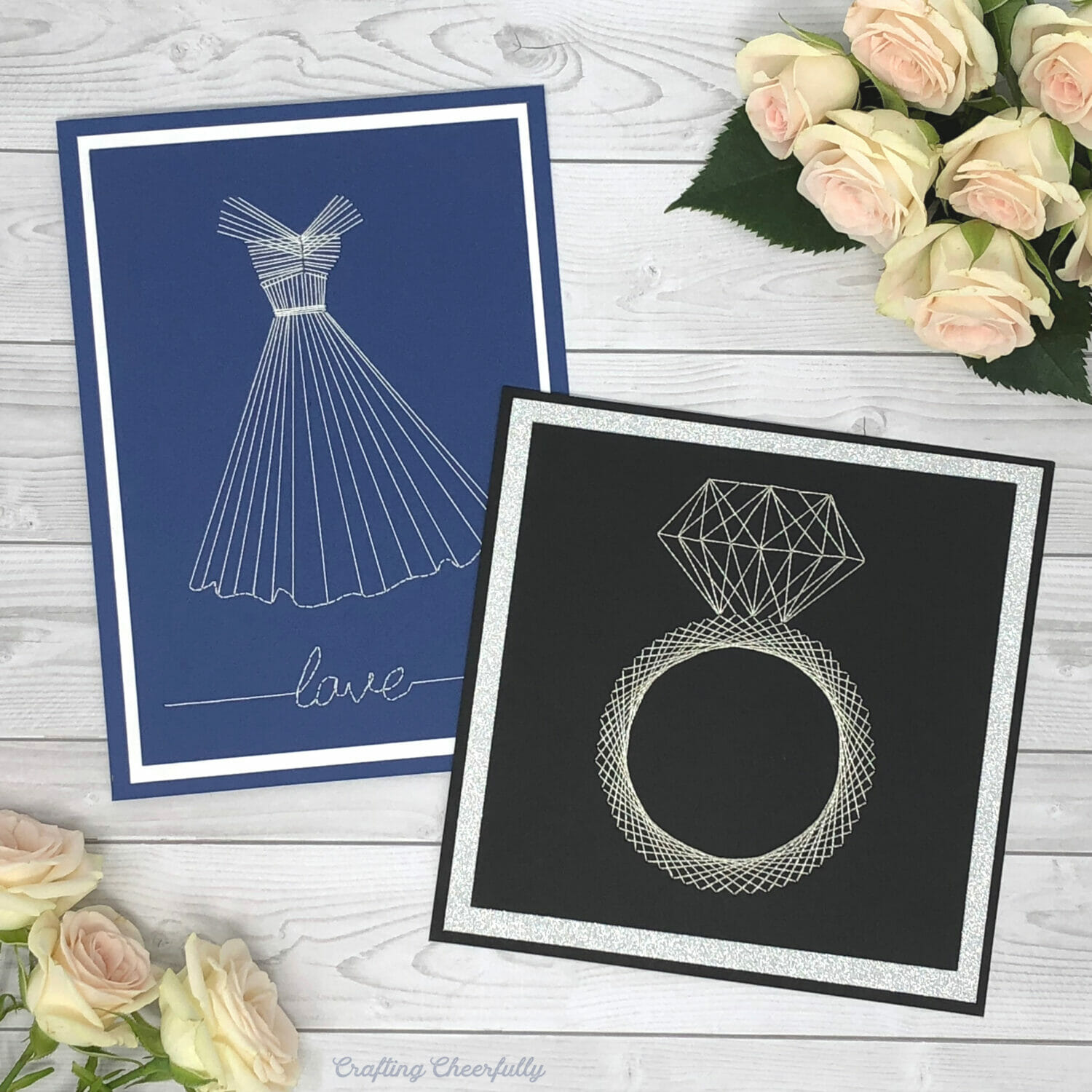 DIY wedding cards featuring embroidered art including a vintage wedding dress and engagement ring.