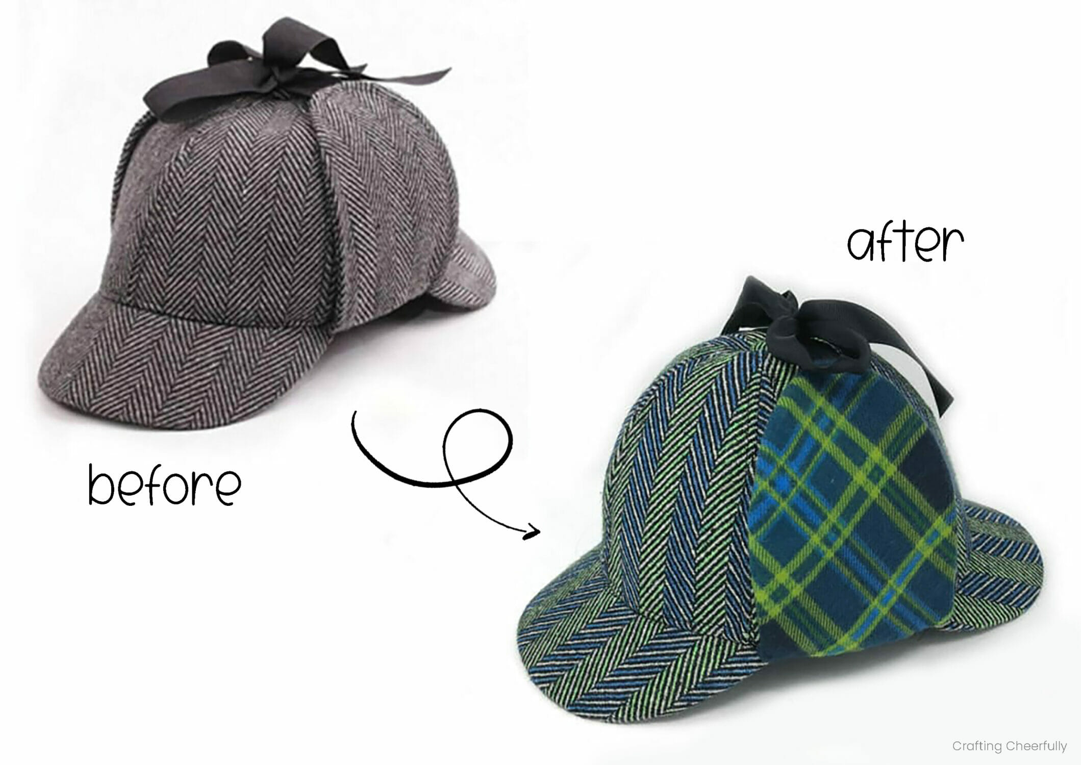 Collage showing a deerstalker cap and the same one colored with blue and green markers.