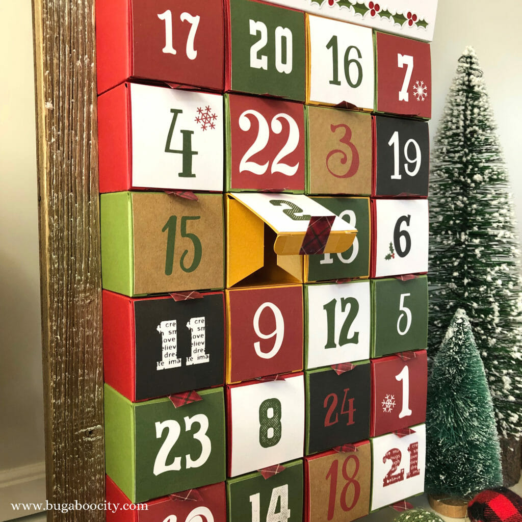 Advent Calendar made of tiny boxes with colorful numbers on the front.