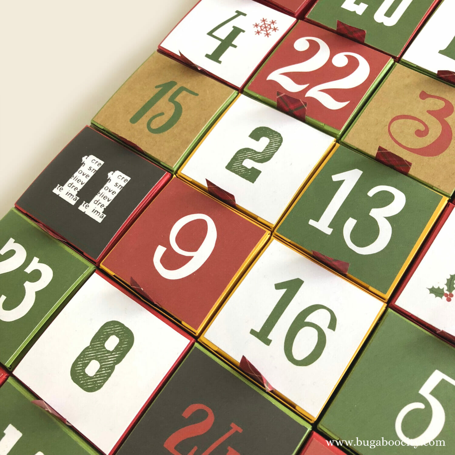 The front of the Advent calendar with numbers on each box.