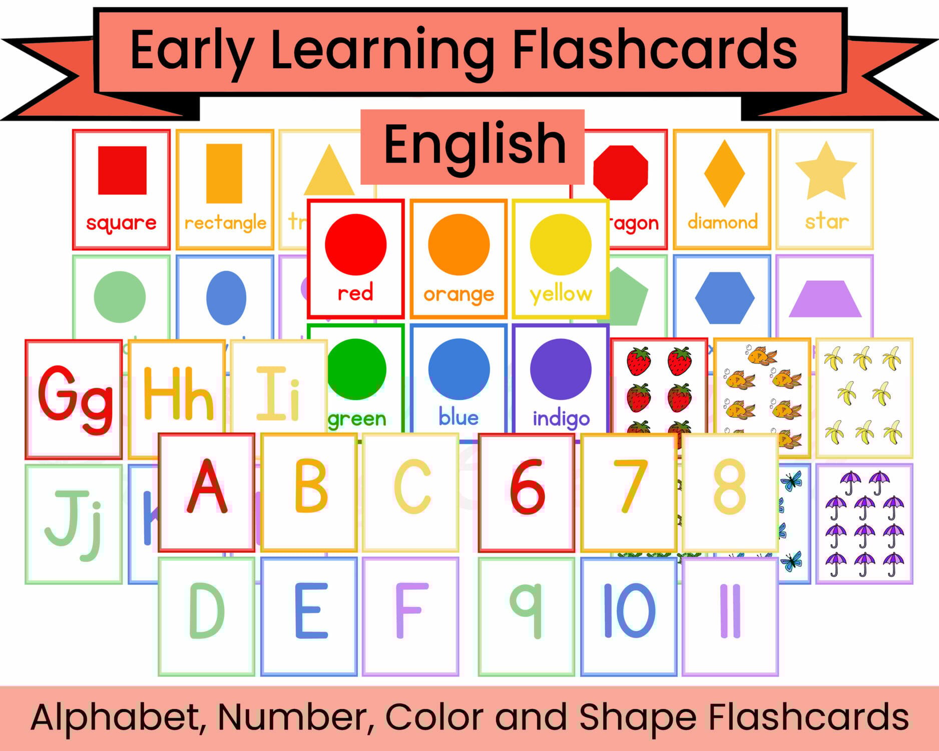 Early Learning Flashcards including alphabet, number, color and shape flashcards.
