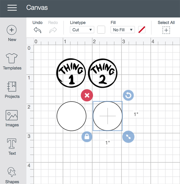 Cricut Design Space canvas showing graphics for Thing 1 and Thing 2 stickers.