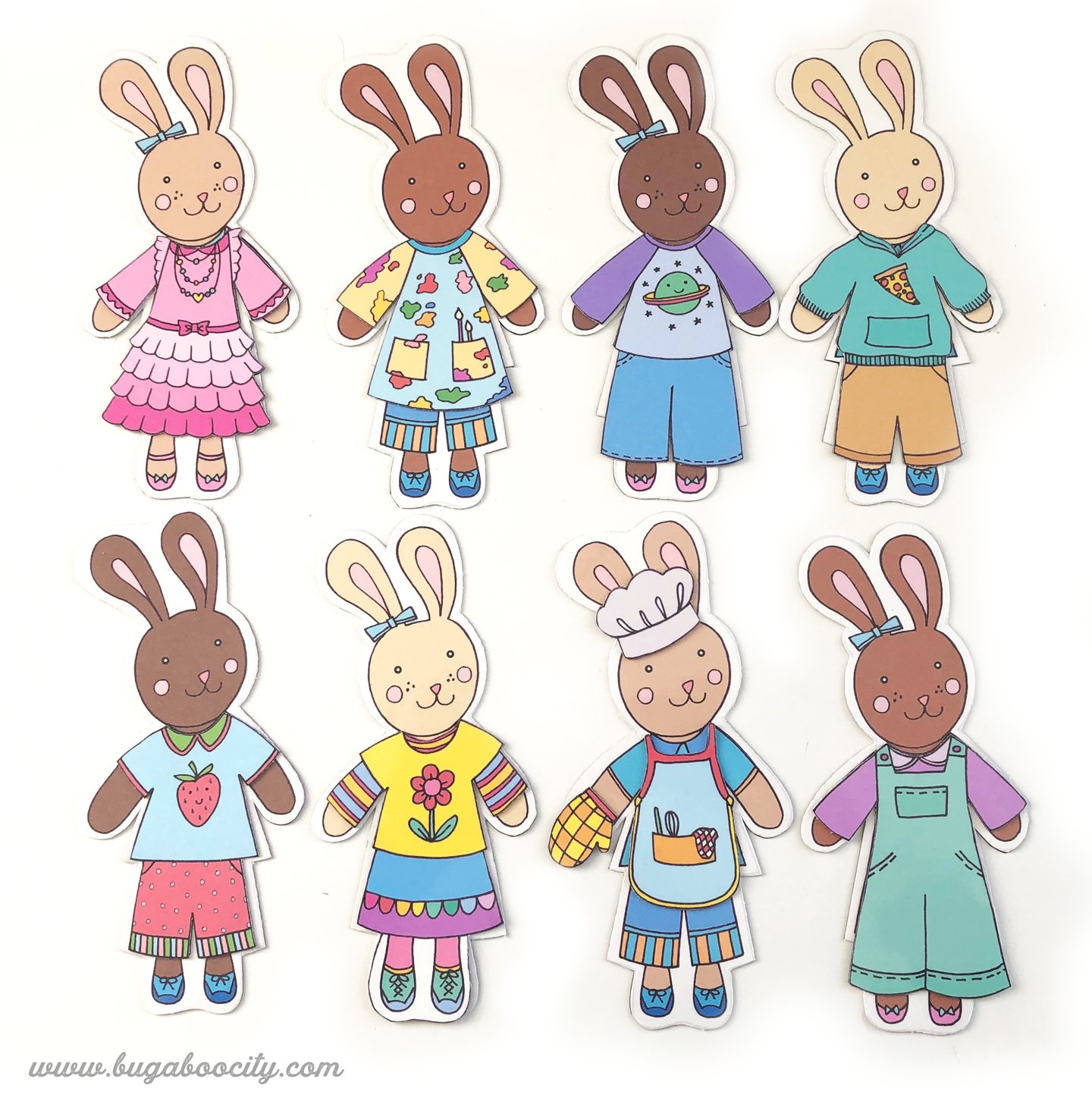 Bunny paper dolls dressed in fun and colorful clothing.