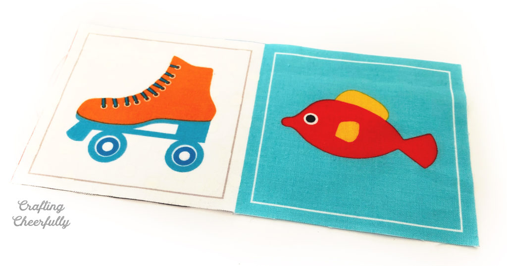 A fabric panel with an orange roller skate and a red and yellow fish.