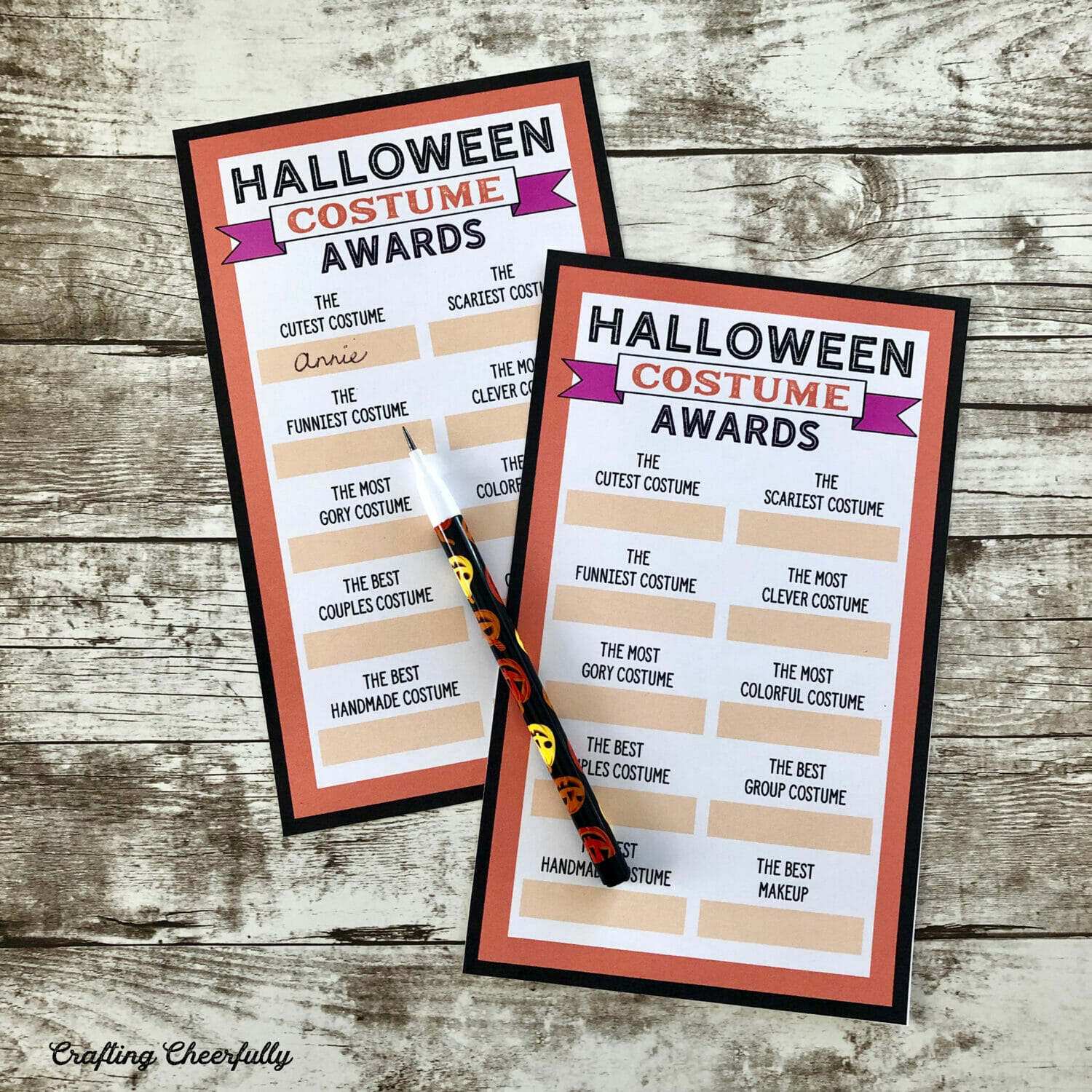Two Halloween costume award voting sheets.