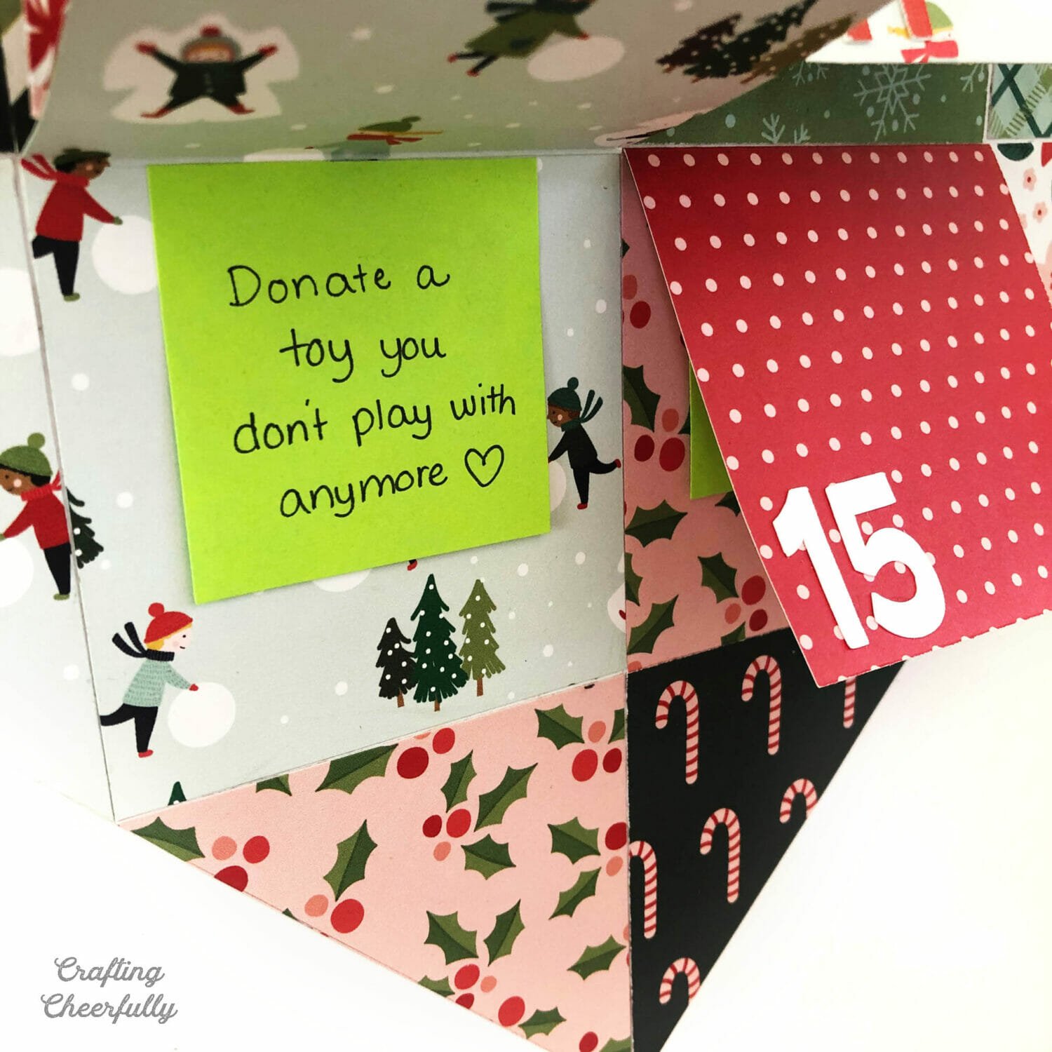 A post-it reads "donate a toy you don't play with anymore".