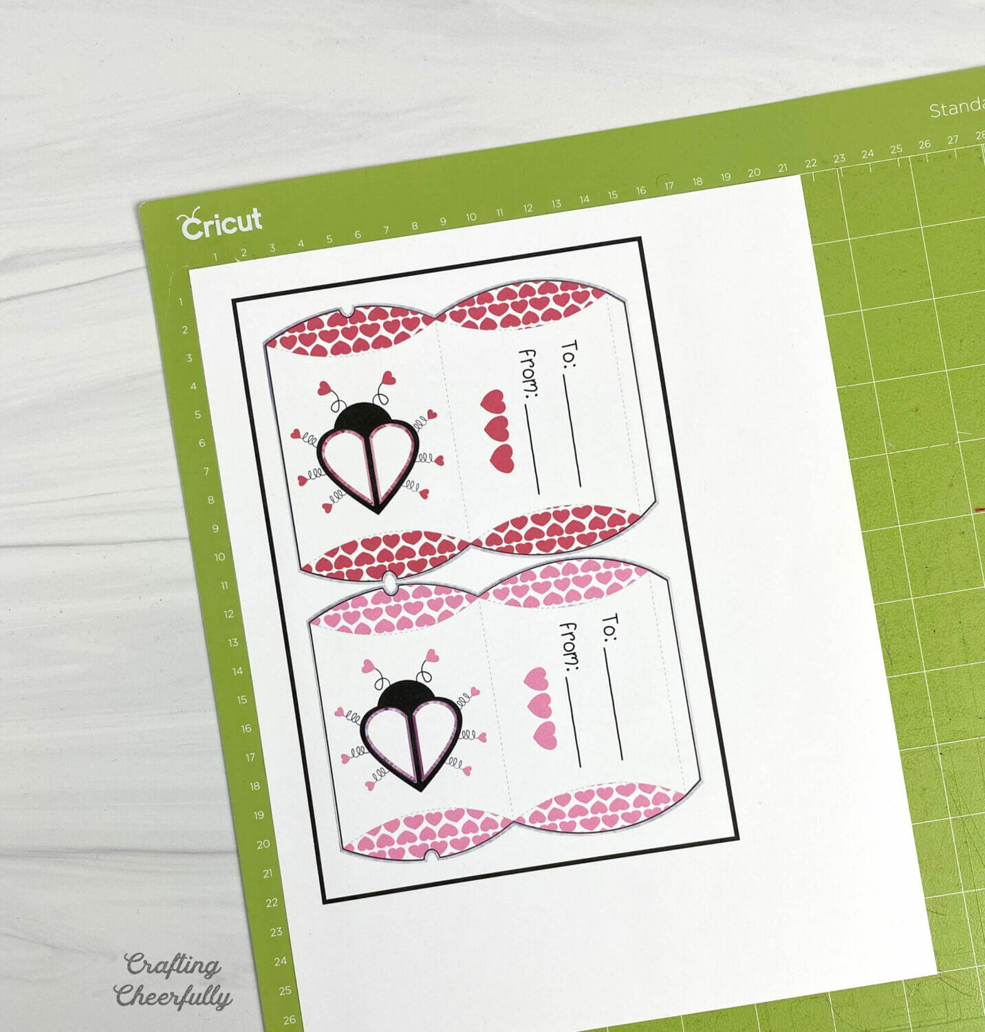 Print then Cut Love Bug Pillow Boxes on a Cricut Standard Mat.