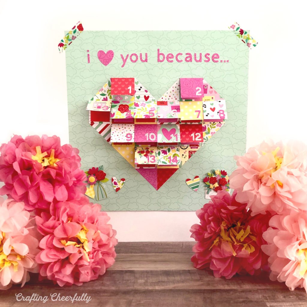 Valentine's Day countdown made with 14 numbered flaps in the shape of a heart with the words, I love you because, written at the top.